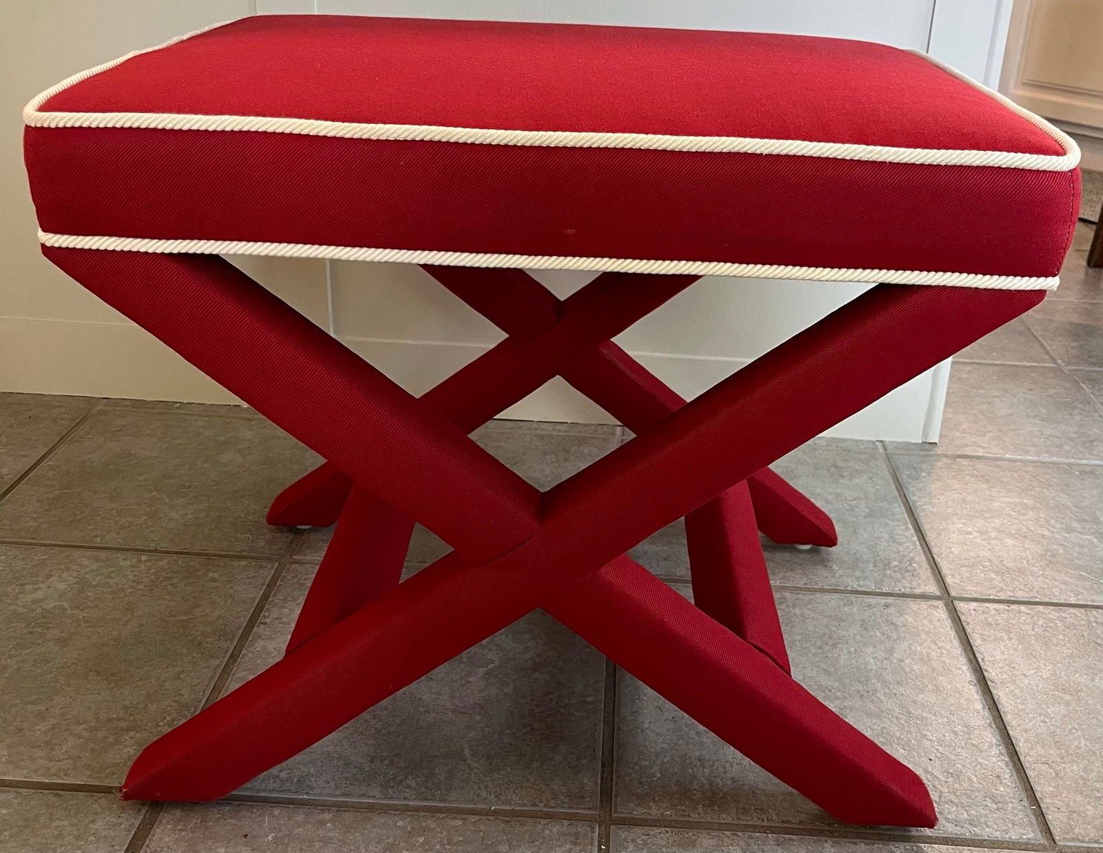 1980s Billy Baldwin Style Red X Bench Ottoman With White Rope Trim - 11