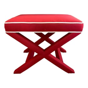 1980s Billy Baldwin Style Red X Bench Ottoman With White Rope Trim