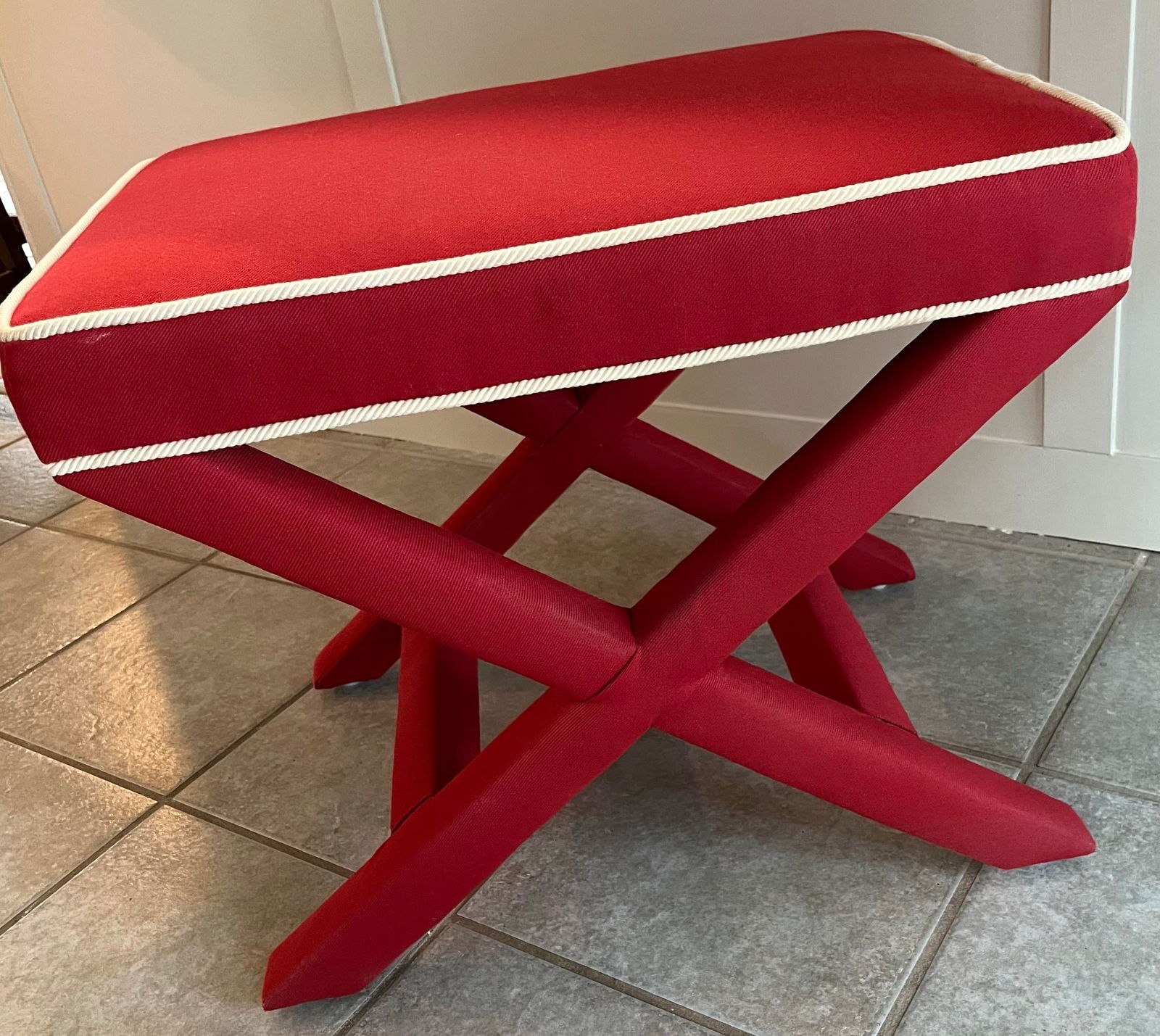 1980s Billy Baldwin Style Red X Bench Ottoman With White Rope Trim - 5