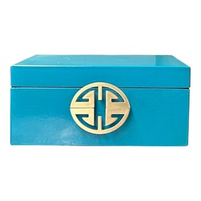 Medium Oriental Round Hardware Turquoise Blue Rectangular Container Box