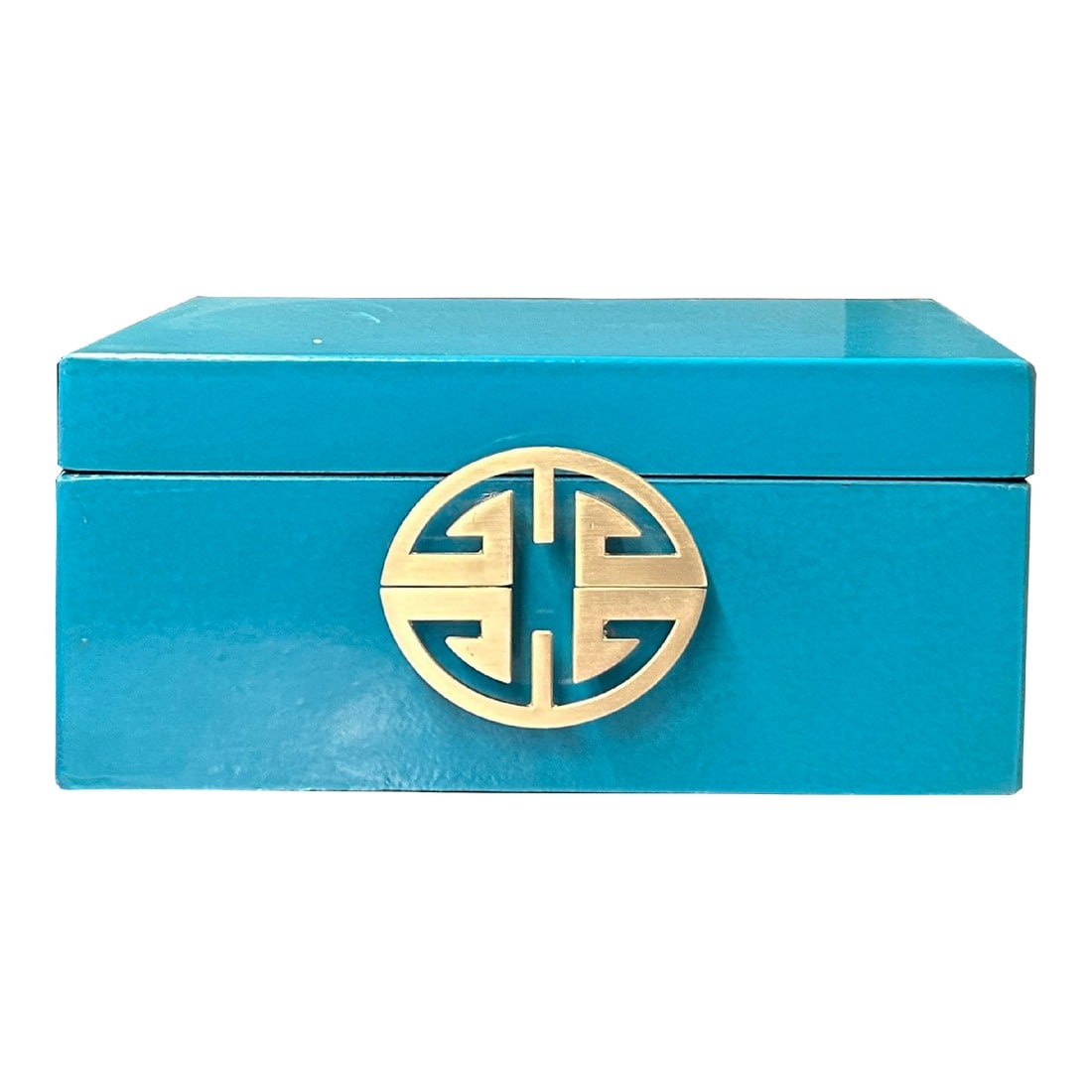Medium Oriental Round Hardware Turquoise Blue Rectangular Container Box: This is a decorative box in a rectangular shape and matte light golden color round hardware accent. The surface is a layer of vinyl veneer covered in turquoise blue color. Dimensions: w12" x 8" h6" (