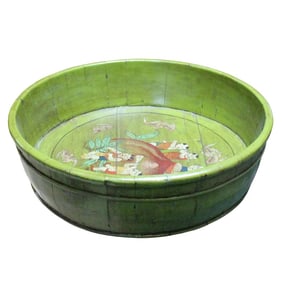Chinese Vintage Distressed Green Graphic Round Shape Wood Bucket