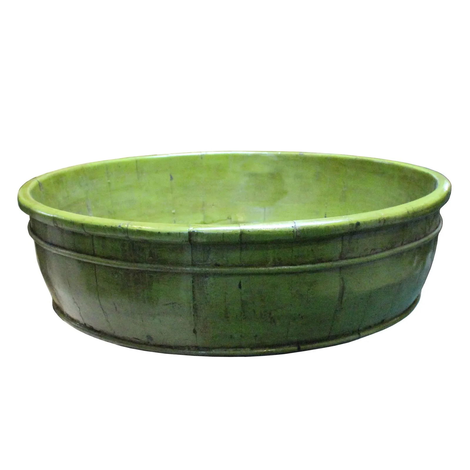 Chinese Vintage Distressed Green Graphic Round Shape Wood Bucket - 2