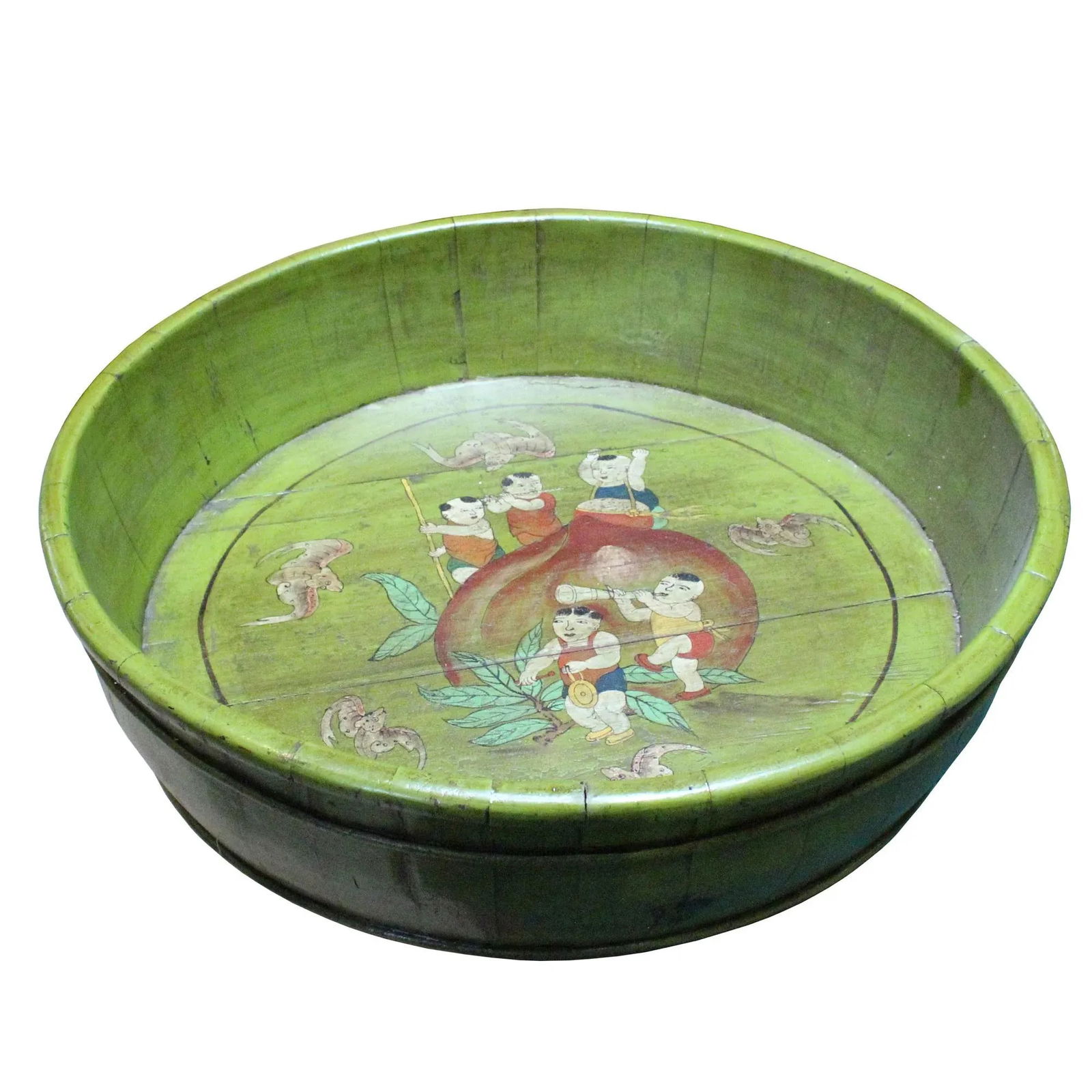 Chinese Vintage Distressed Green Graphic Round Shape Wood Bucket - 4