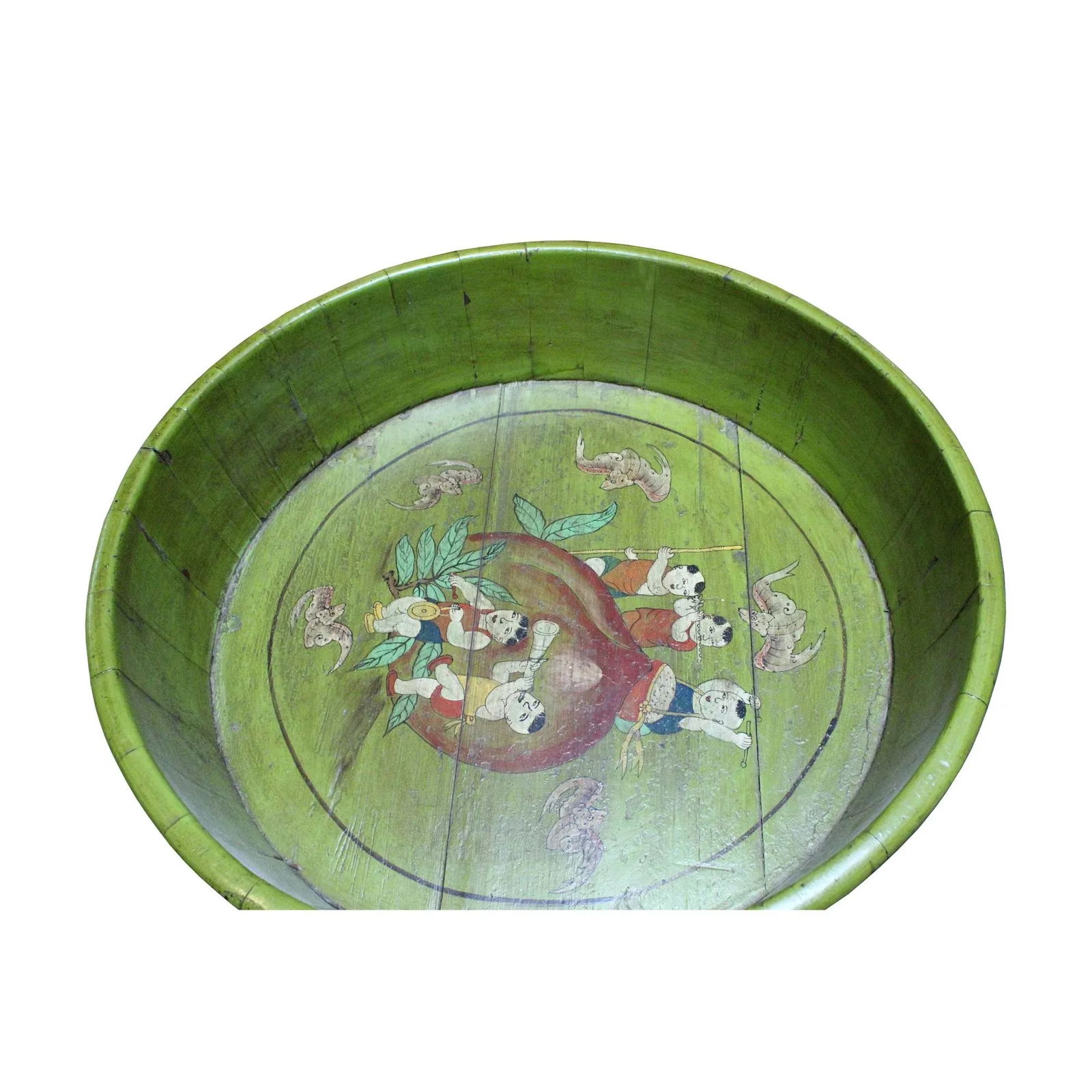 Chinese Vintage Distressed Green Graphic Round Shape Wood Bucket - 5