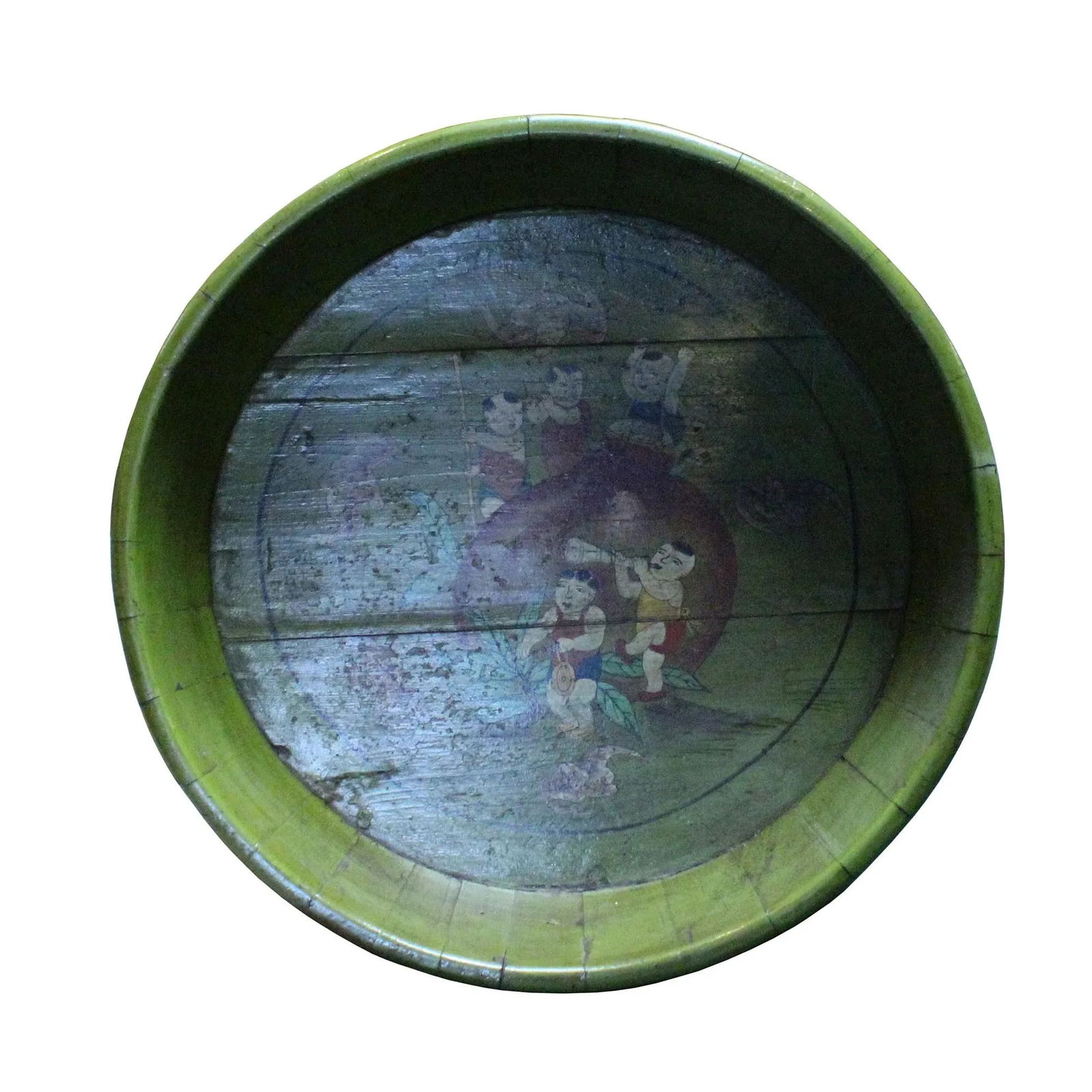 Chinese Vintage Distressed Green Graphic Round Shape Wood Bucket - 6