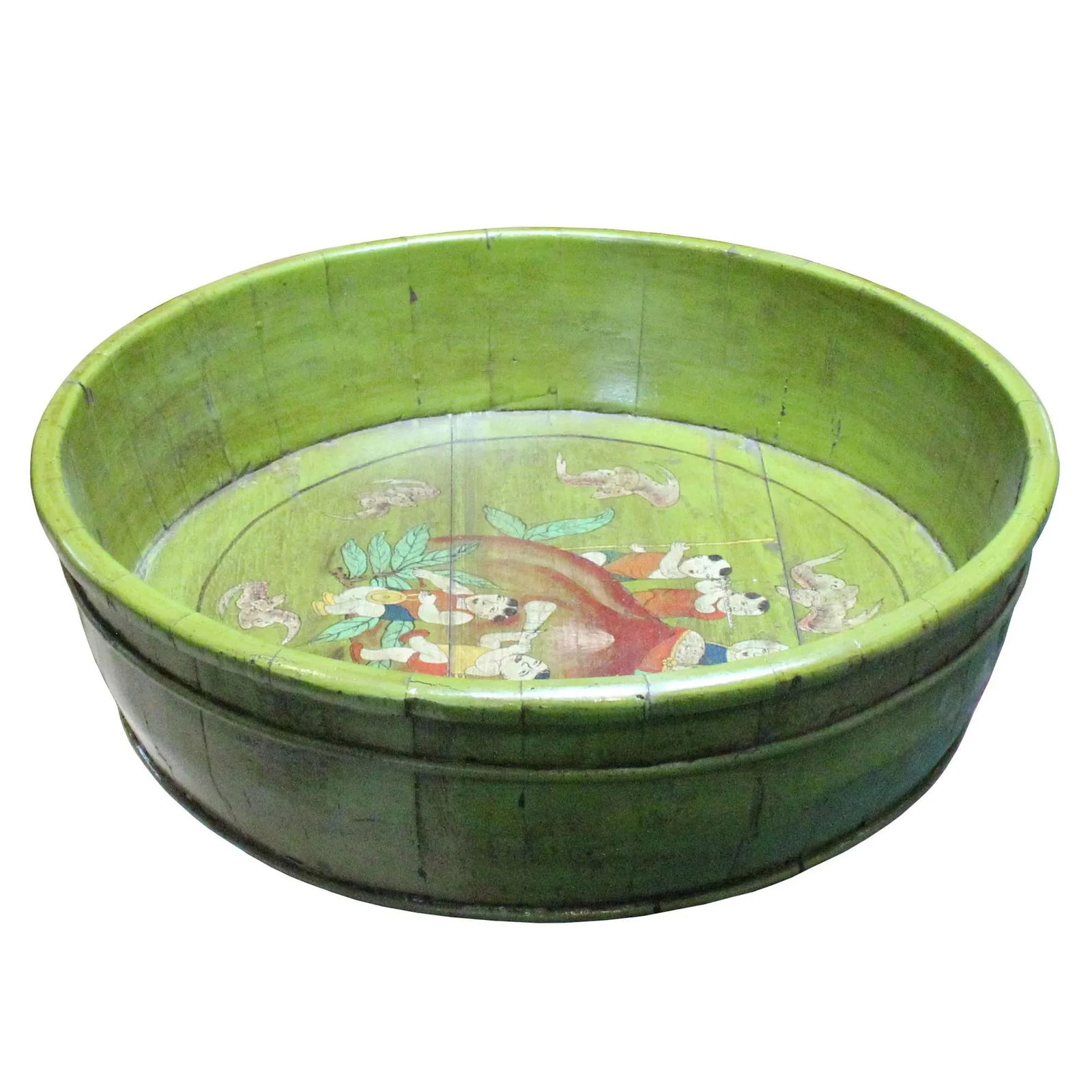 Chinese Vintage Distressed Green Graphic Round Shape Wood Bucket - 7