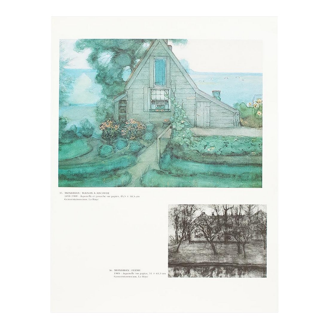 1991 After Piet Mondrian "House in Abcoude", Full-Color Parisian Print: A stunning full-color print after painting "House in Abcoude" by Piet Mondrian. Published by New French Editions in France in 1991. Printed on one side. Attached to a board of heavy paper.