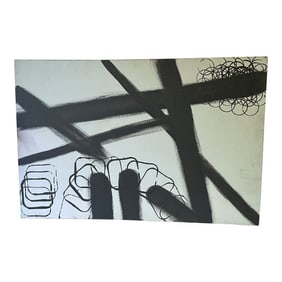 1970s Black and White Abstract Painting on Canvas