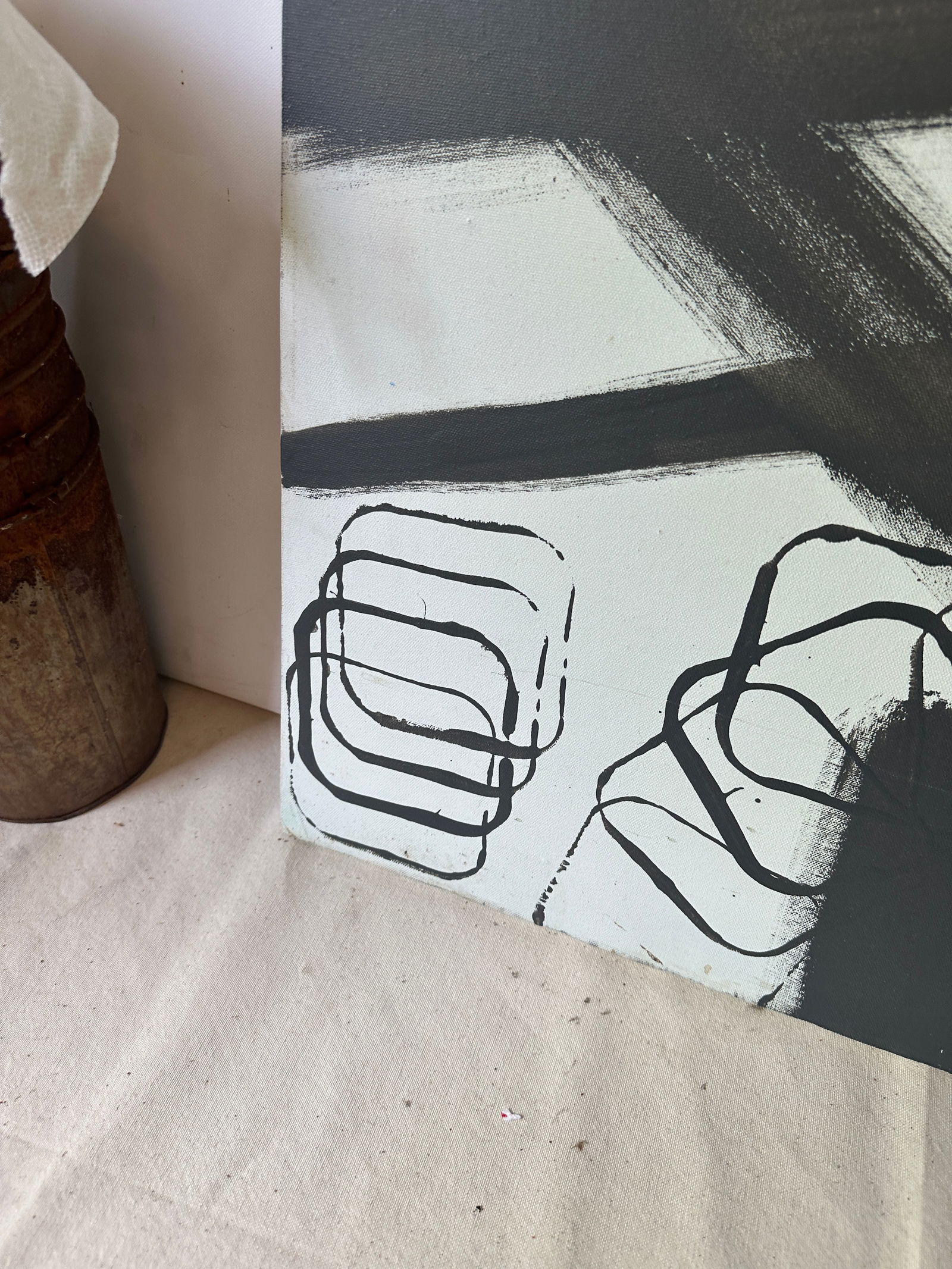 1970s Black and White Abstract Painting on Canvas - 2