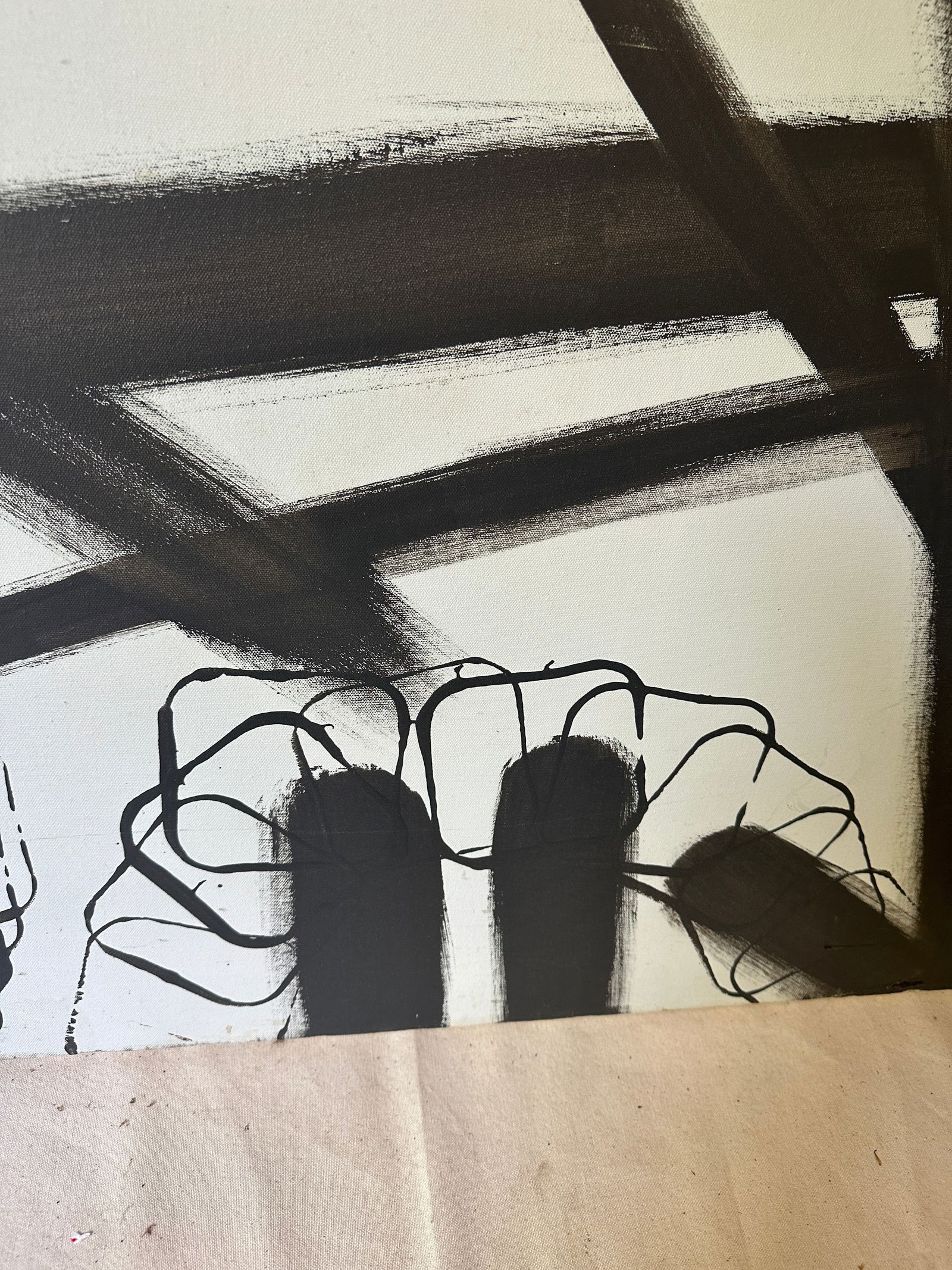 1970s Black and White Abstract Painting on Canvas - 5