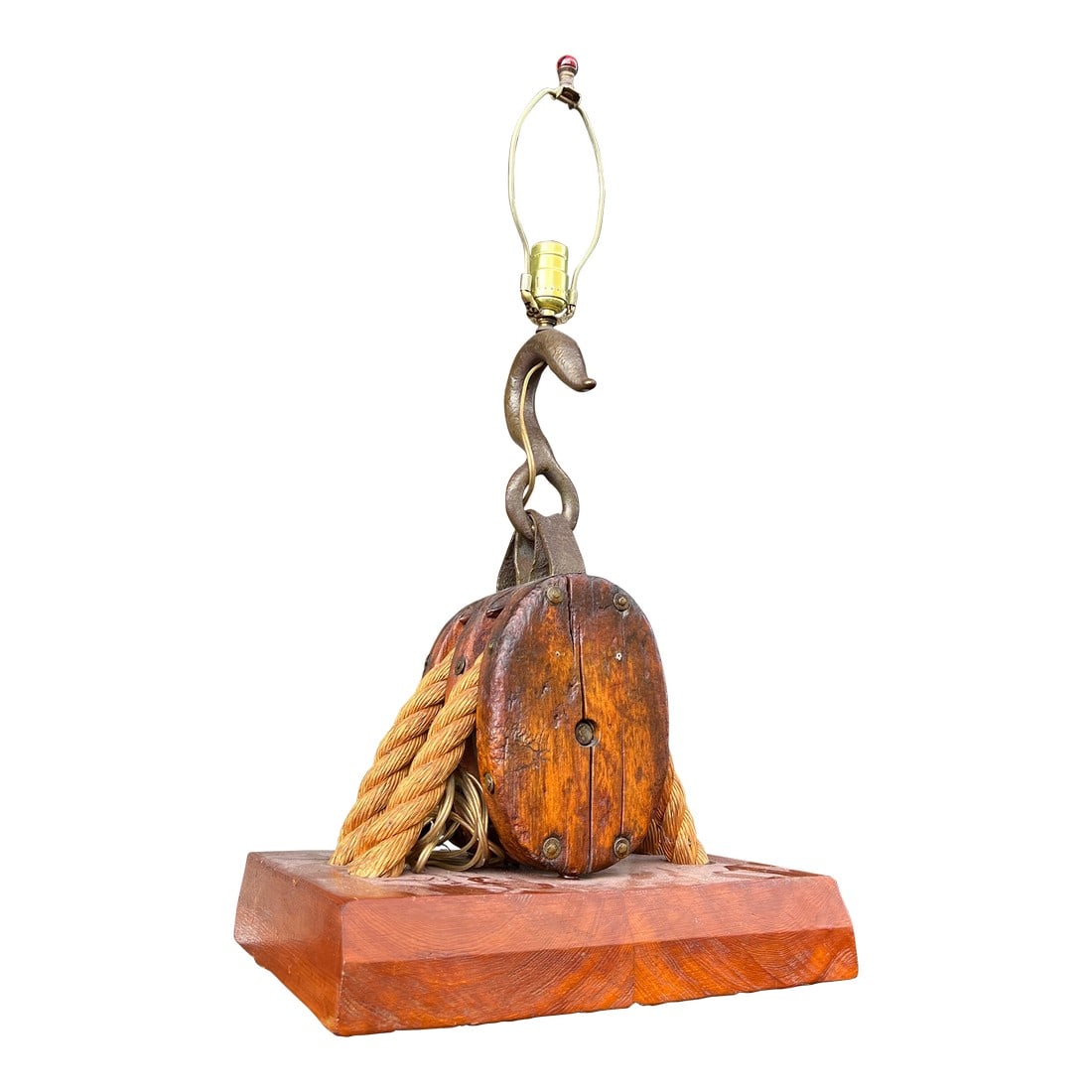 Vintage Double Block & Tackle Rustic Industrial Nautical Lamp: Vintage Boston and Lockport Block Co. Lamp. Block Tackle Double Wood & Metal Pulley on wood platform. Marking on the copper plate has a star with Boston and Lockport block company name . Measuring 22"