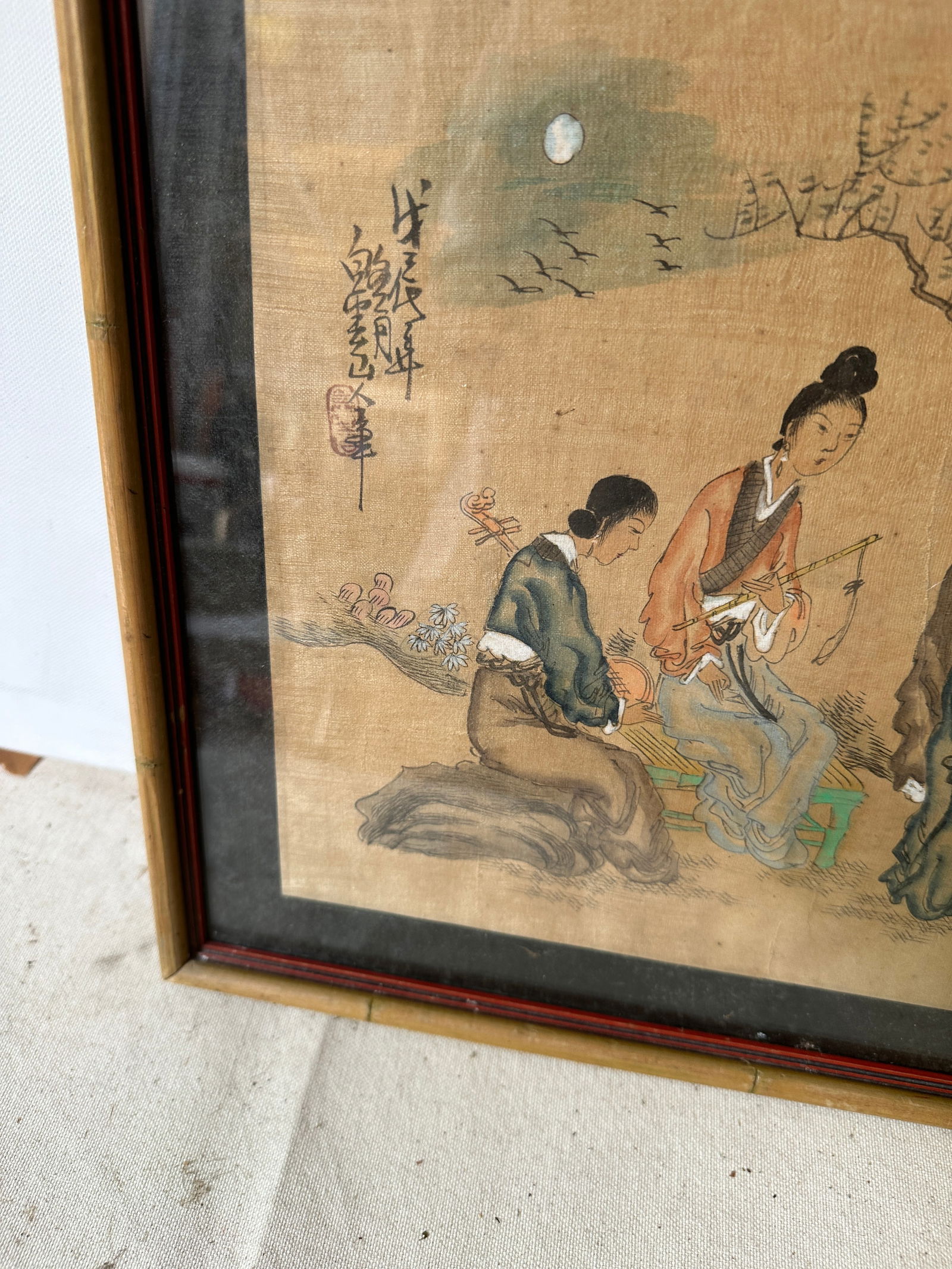 1970s Asian Pastel Drawing in Bamboo Frame - 6