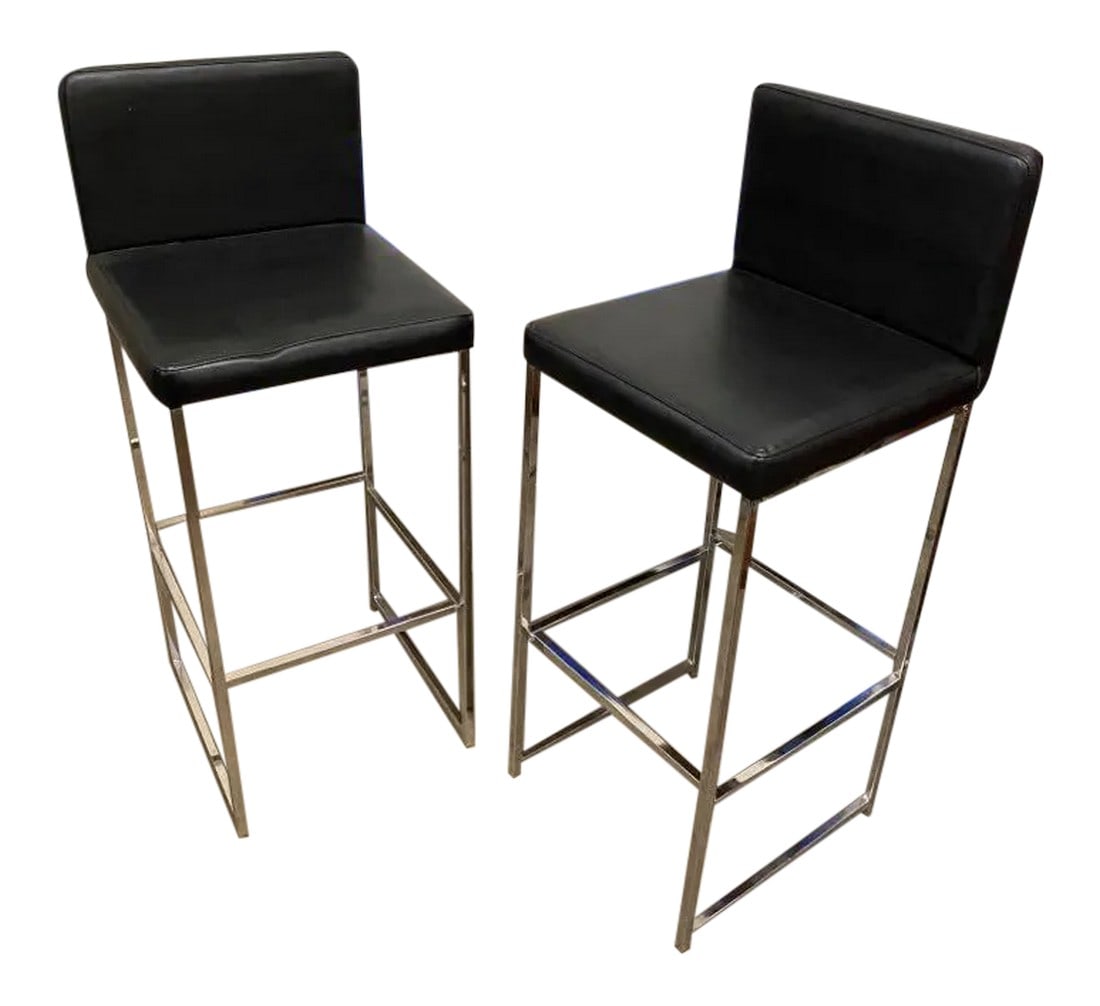 1970s Chrome and Black Bar Stools - a Pair: Stunning pair of chrome and black bar stools. Perfect for the minimalist and to add character and dimension to any space. Condition: Alterations: Original Condition Unaltered Imperfections: Some Imper