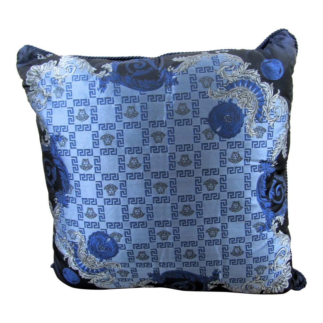 Gianni Versace Designer Blue Medusa Square Decorative Pillow: Genuine Gianni Versace Designer Blue Medusa 27.5" Square Decorative Pillow Measures 27 1/2" long, 27 1/2" wide and 10" thick. Weighs 3 pounds. This item comes from a South Florida high-end Italian