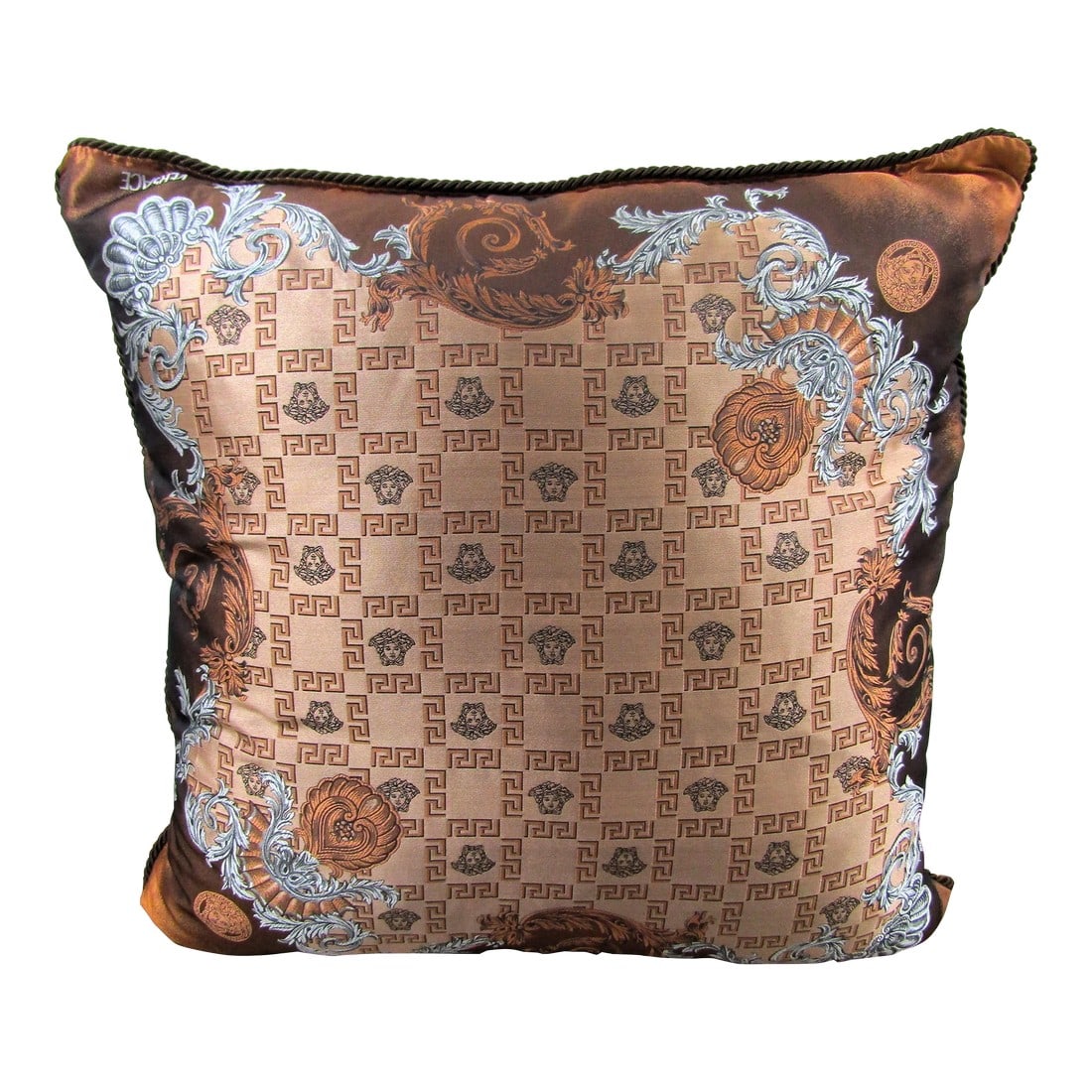 Gianni Versace Designer Brown Tan Medusa Square Decorative Pillow: Genuine Gianni Versace Designer Brown Tan Medusa 27.5" Square Decorative Pillow Measures 27 1/2" long, 27 1/2" wide and 10" thick. Weighs 3 pounds. This item comes from a South Florida high-end
