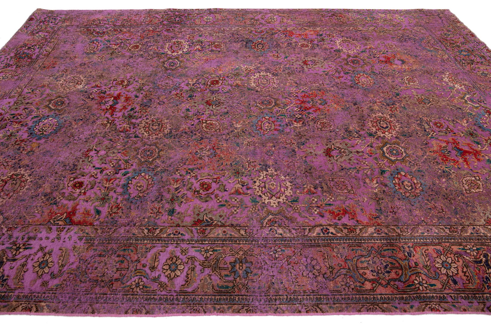 Antique Persian Overdyed Wool Rug With Floral Pattern in Purple - 6