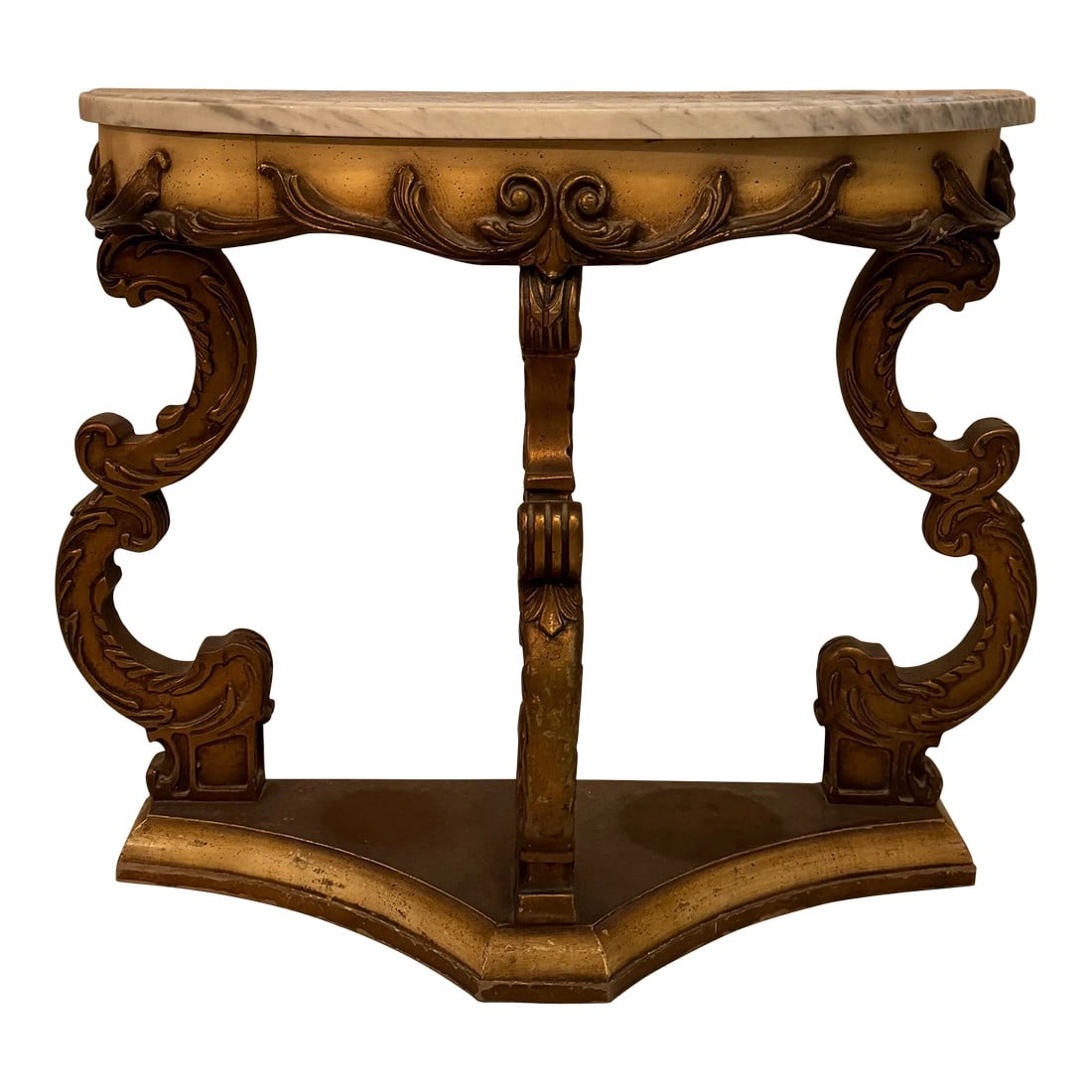 Antique Marble Top Demilune Accent Table: Introducing our Antique Marble Top Demilune Table, a breathtaking blend of timeless elegance and exquisite craftsmanship. Crafted with meticulous attention to detail, this table embodies the charm
