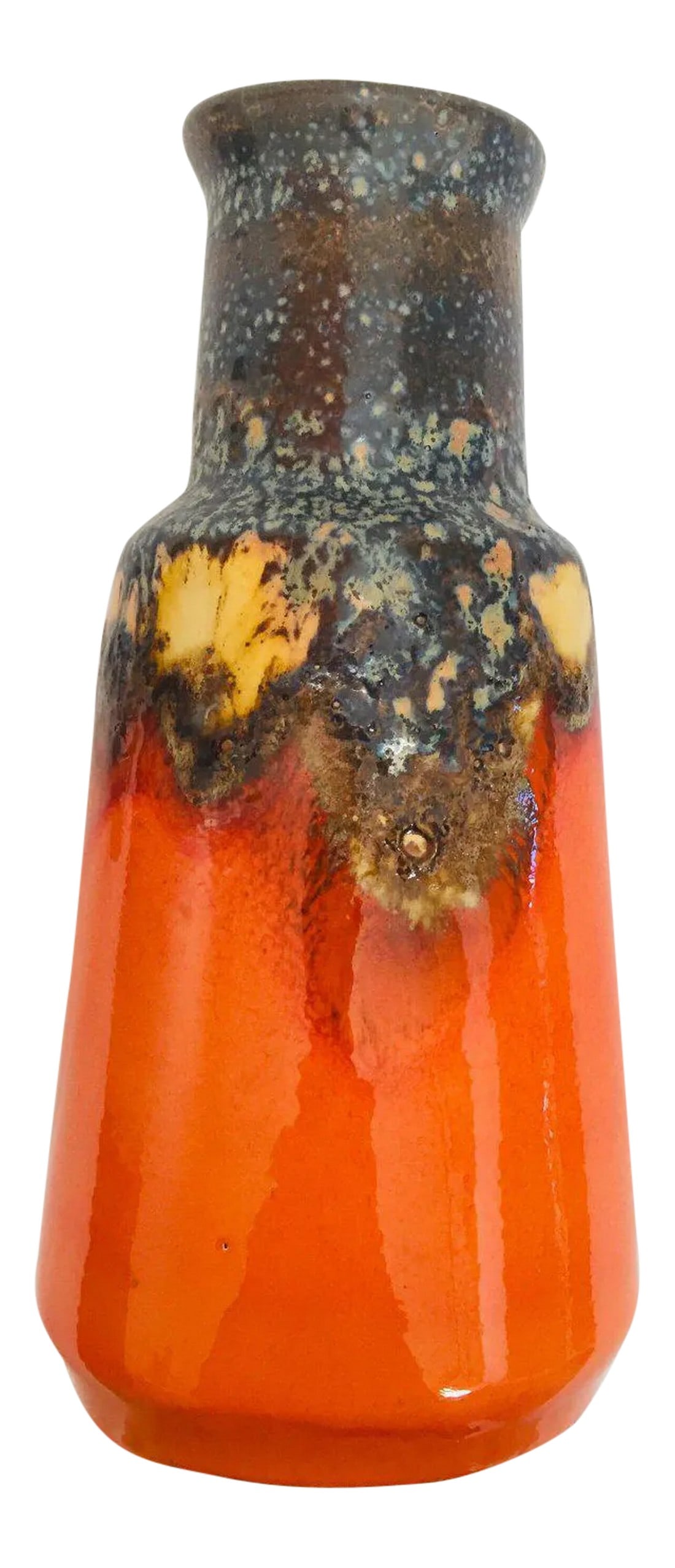 1960s Bauhaus West German Fat Lava Orange Vase: 1960s ceramic West German Studio pottery vase, Germany Bauhaus. Midcentury ceramic fat lava glaze volcanic pottery vase in the style of Scheurich Keramik of West Germany. Vibrant vase in a orange,