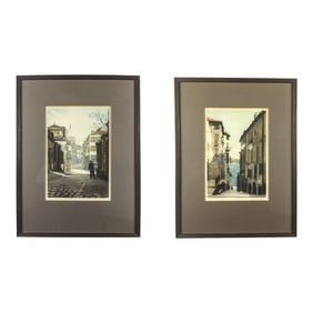 Mid Century Framed European Etched Prints or Pencil Drawings Under Glass.