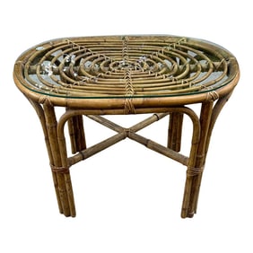 1970s Boho Chic Wicker Side Table With Glass Top