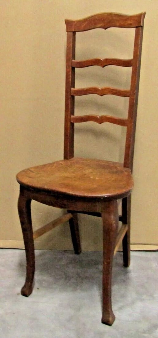 1920s Antique Oak Three Slat Ladder Back Tear Drop Seat Side Chair - 4