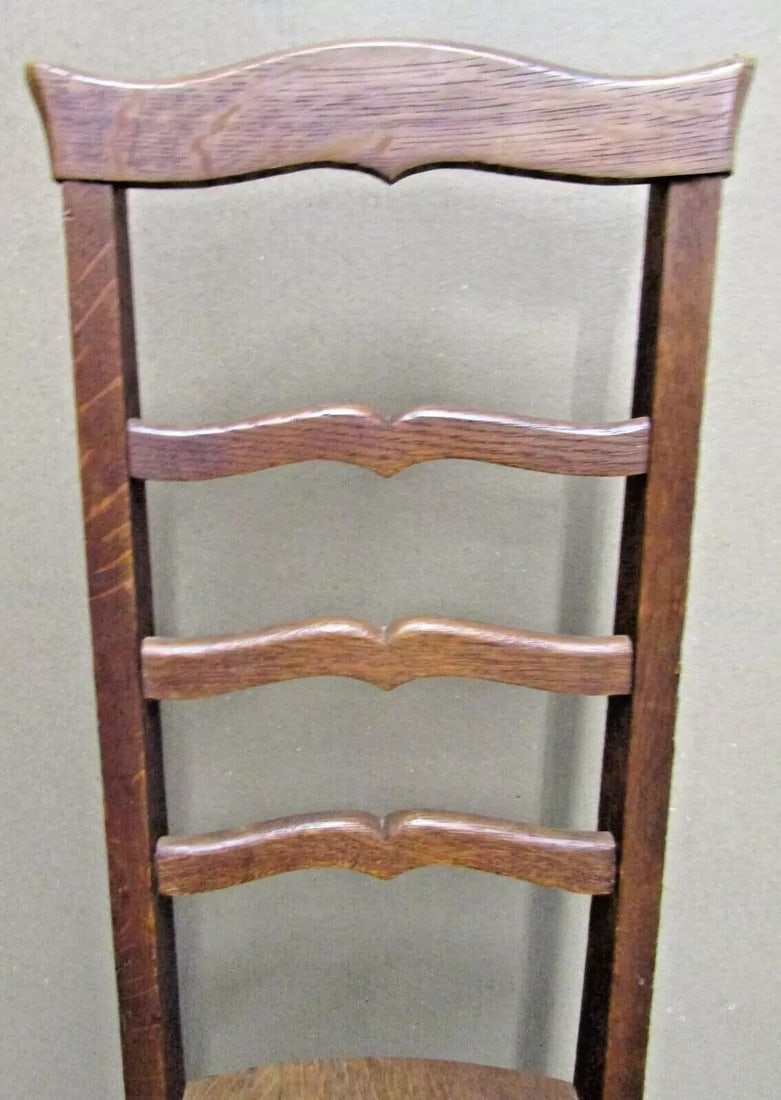 1920s Antique Oak Three Slat Ladder Back Tear Drop Seat Side Chair - 8