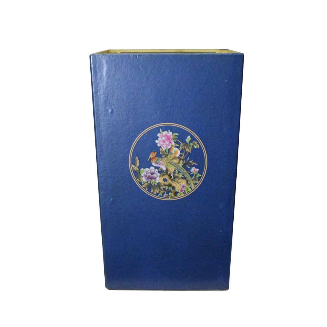 Bright Blue Square Flower Bird Graphic Bucket: This is a Chinese decorative box bucket container in a square shape. The surface is a layer of vinyl cover in bright blue color. Dimensions: 10.25" x 10.25"x h16.5" Origin: China Material: 