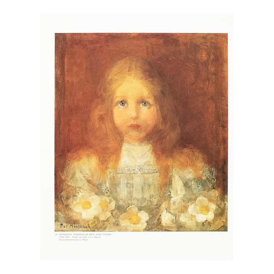 1991 After Piet Mondrian "Portrait of a Girl With Flowers", Full-Color Parisian Print: Excellent full-color print after the painting "Portrait of a Girl with Flowers" by Piet Mondrian. Published by New French Editions in France in 1991. Printed on one side on a board of high quality