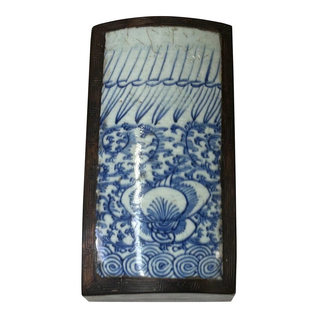 Chinese Old White Base Blue Scroll Flowers Porcelain Brown Wood Box: This is a handmade wood box in an irregular shape with an old white base blue flowers graphic porcelain part inset on the surface as the box cover. The body is wood and finished with brown stain. 