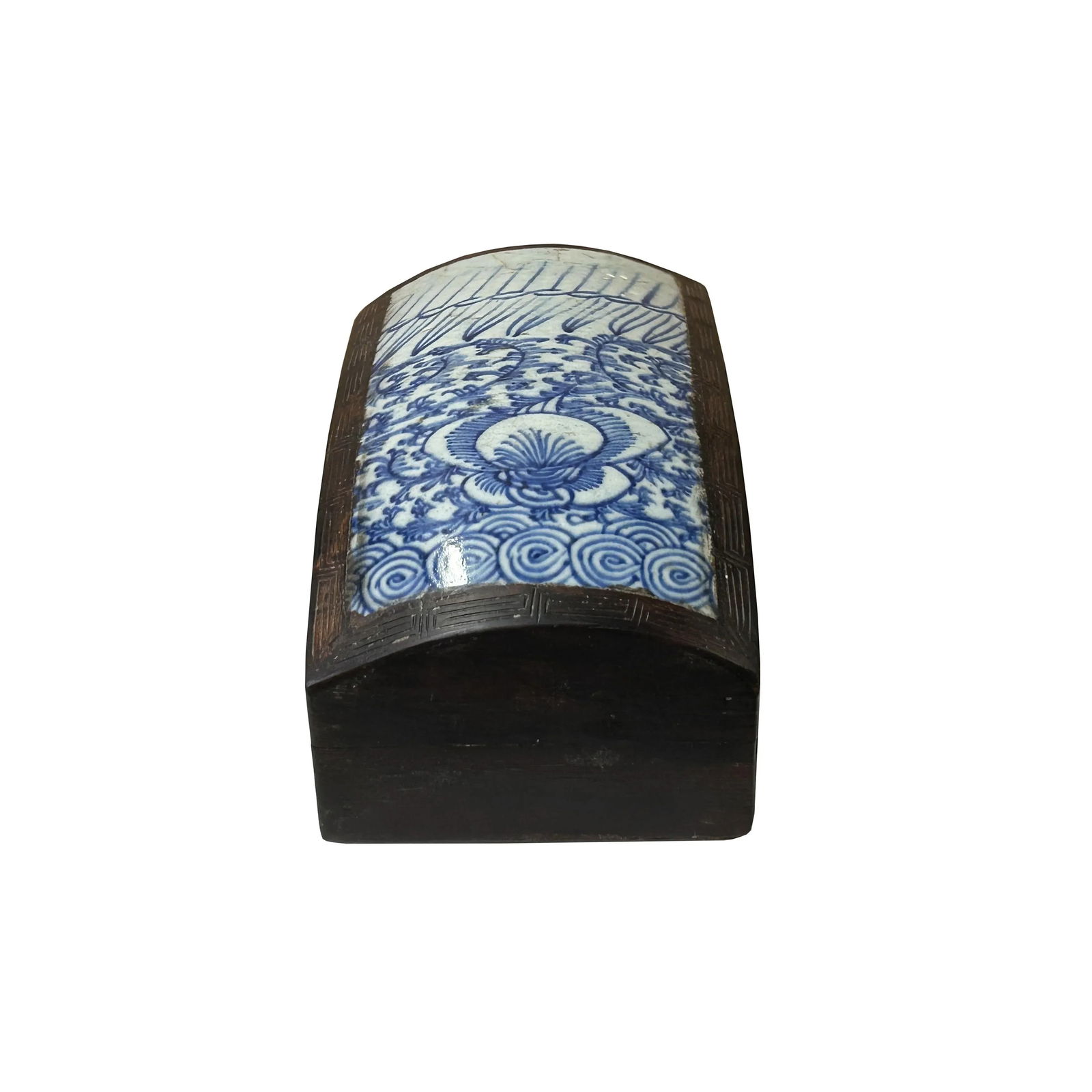 Chinese Old White Base Blue Scroll Flowers Porcelain Brown Wood Box - 3