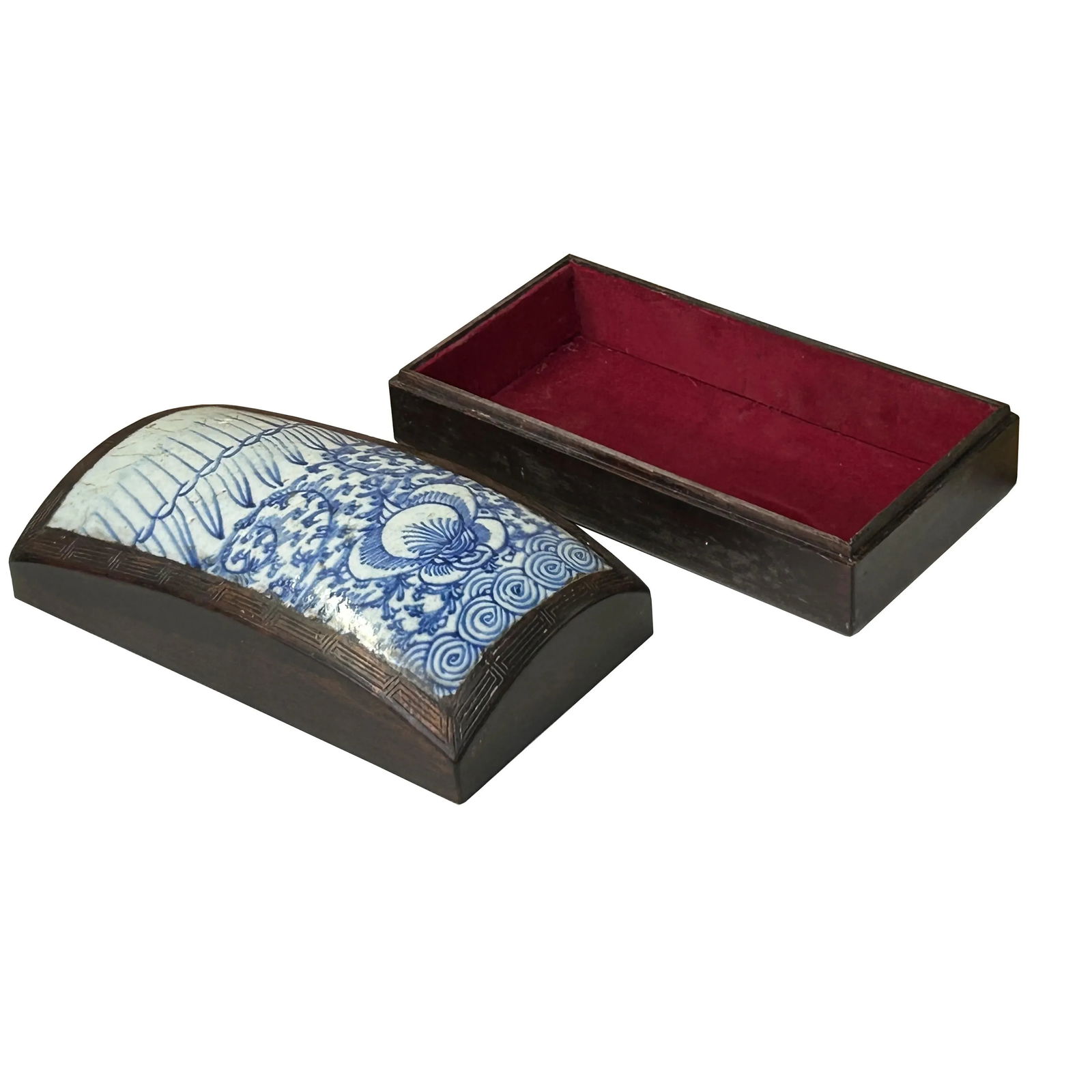 Chinese Old White Base Blue Scroll Flowers Porcelain Brown Wood Box - 7