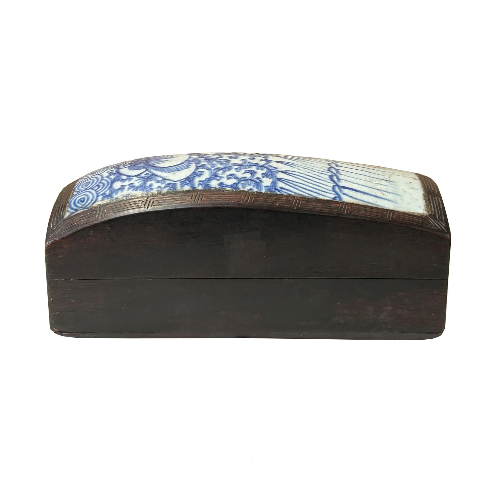Chinese Old White Base Blue Scroll Flowers Porcelain Brown Wood Box - 8