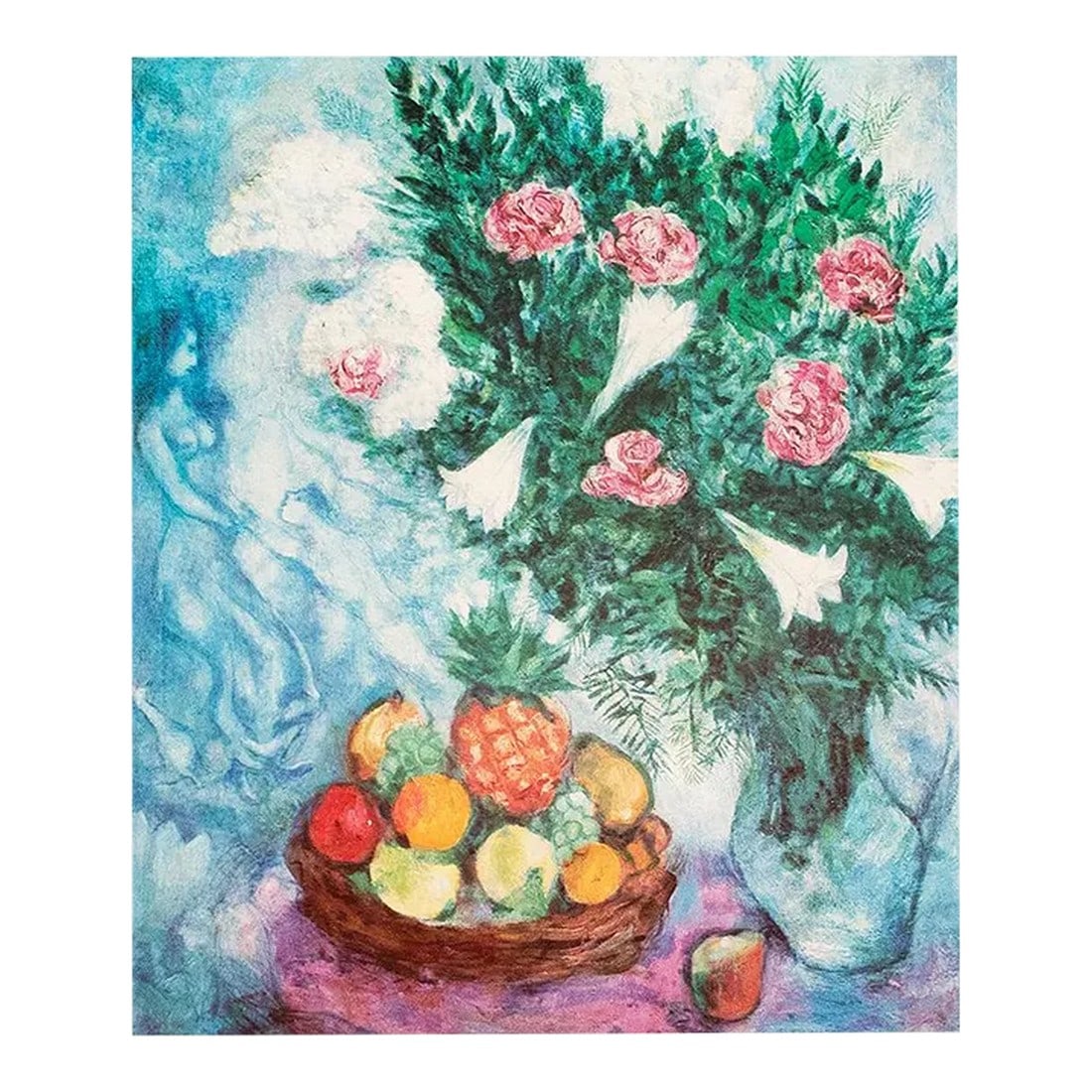 1972 After Marc Chagall "Fruits and Flowers", Full-Color Parisian Print: Stunning full-color print after the painting "Fruits and Flowers" by Marc Chagall. Published by New French Editions in France in October 1972. Edition N 6179. Printed on one side. Hand tipped-in on a