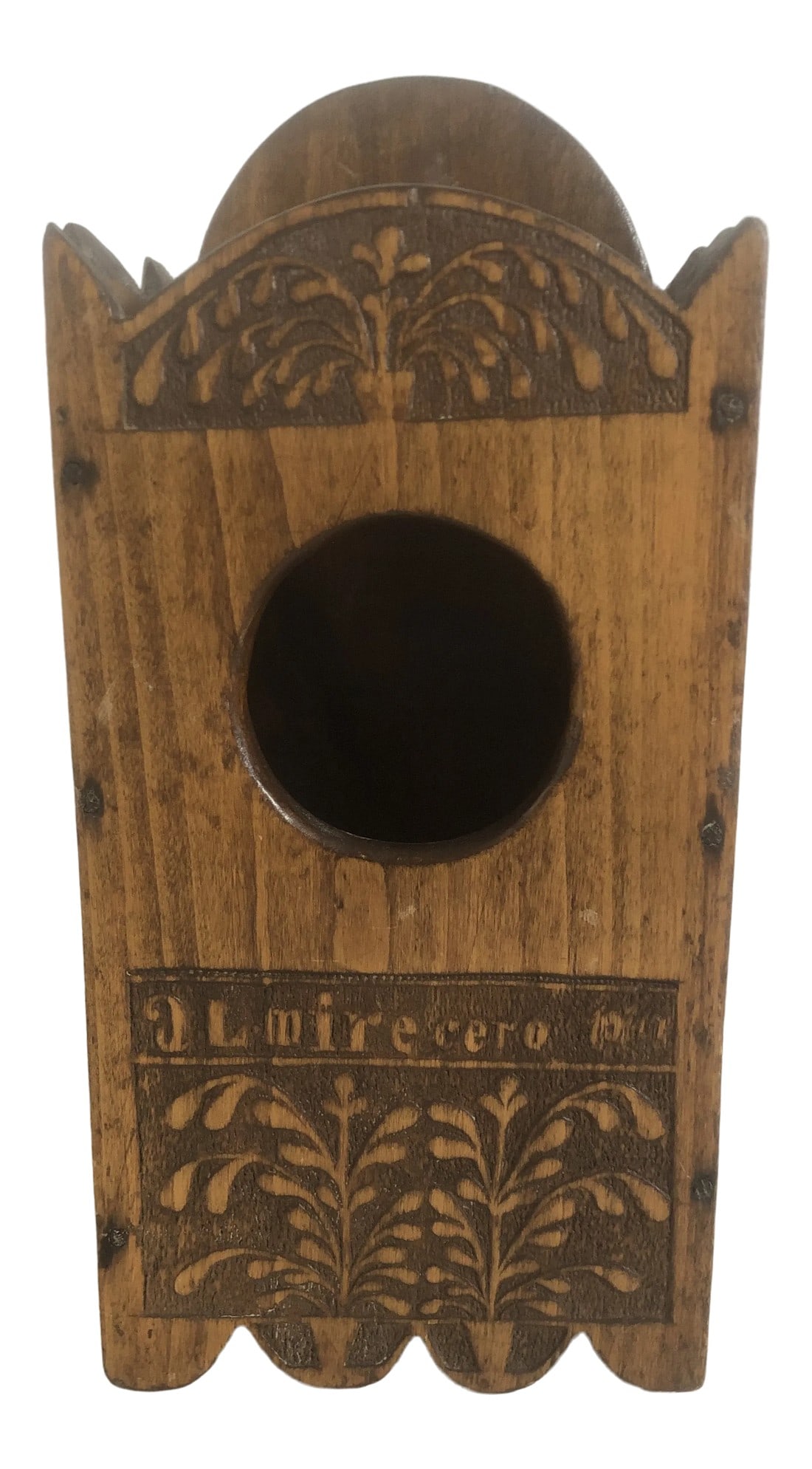 19th Century Primitive Clock Holder Box: Rare 19th Century Amish hand carved clock holder box. Carvings feature plants in containers. Great looking piece from Lancaster, PA. Measures 6"W x 3.25" D x 11.5" H in front, 13"H in back.
