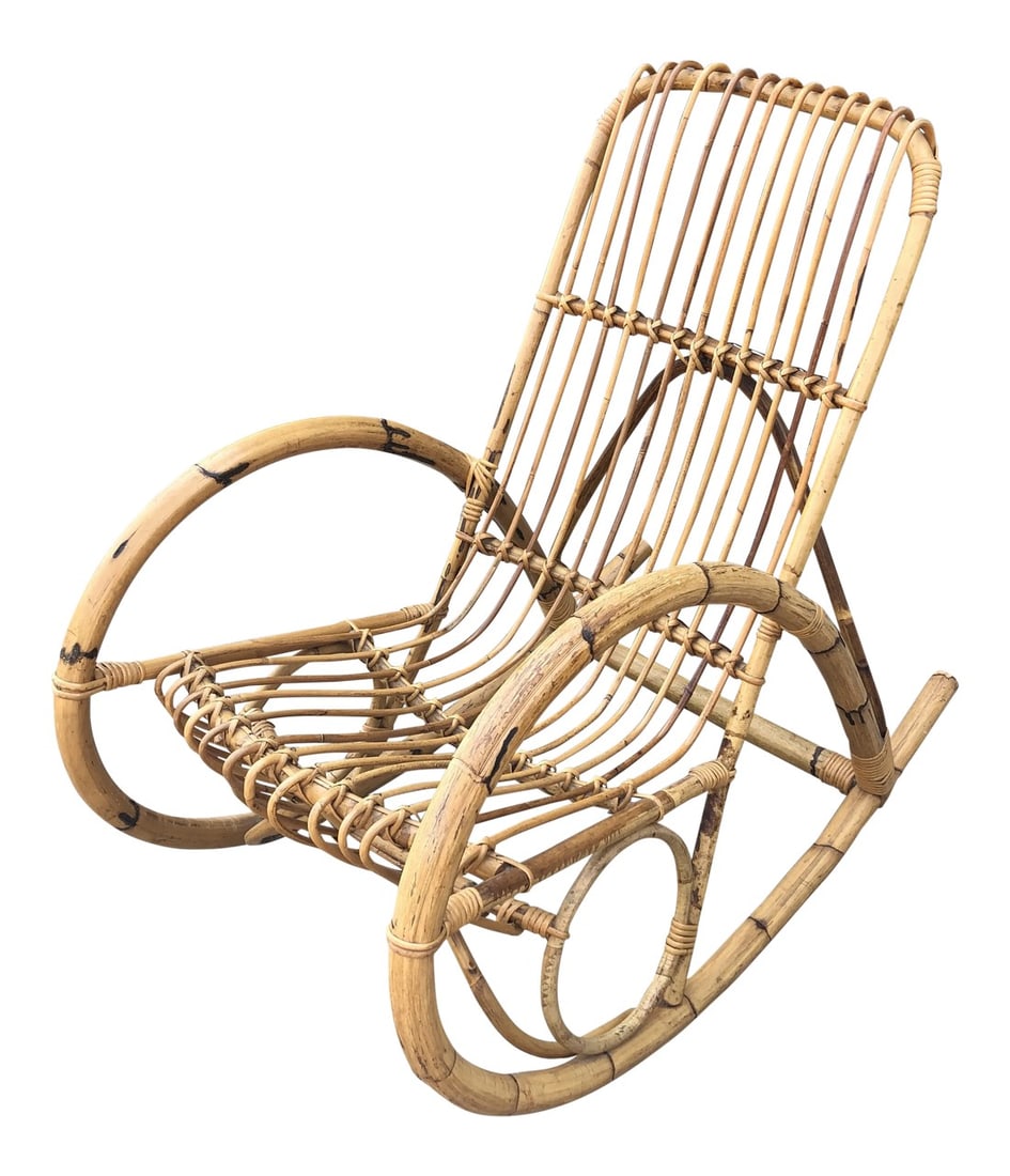1970s Franco Albini Bamboo Rocking Chair: Beautiful Franco Albini bamboo rocking chair in perfect condition. Condition: Alterations: Original Condition Unaltered Imperfections: Some Imperfections Condition Notes: 17 inches from floor to seat
