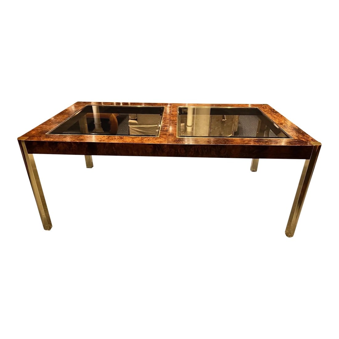 1970s Century Furniture Burl Wood and Brass Dining Table (Two Leaves) (1 of 10)