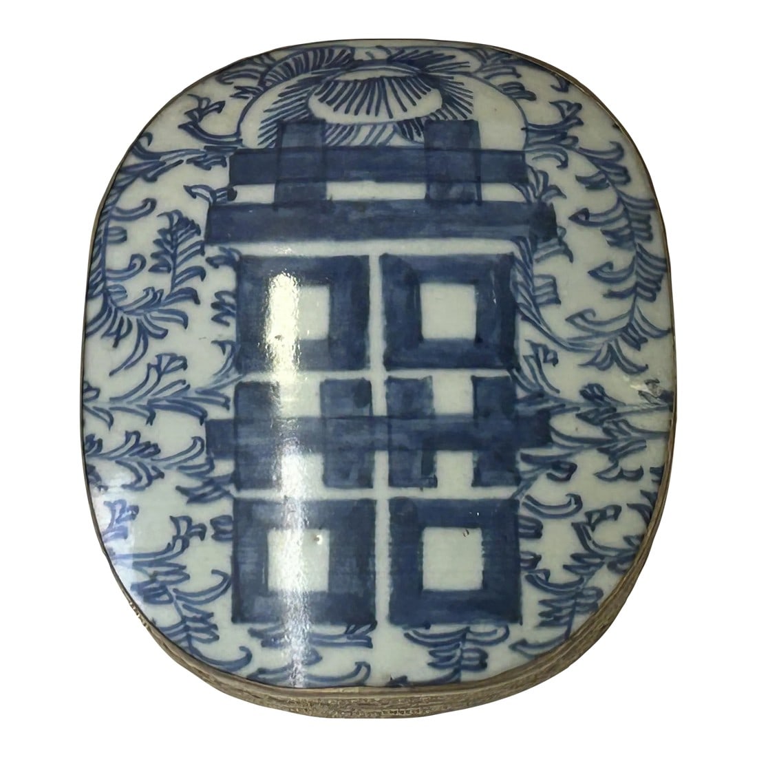 Chinese Old White Base Blue Scroll Happiness Porcelain Art Pewter Box: This is a handmade pewter box in an irregular shape with an old white base blue oriental scroll double happiness graphic porcelain part inset on the surface as the box cover. Dimensions: 5.5" x 6"