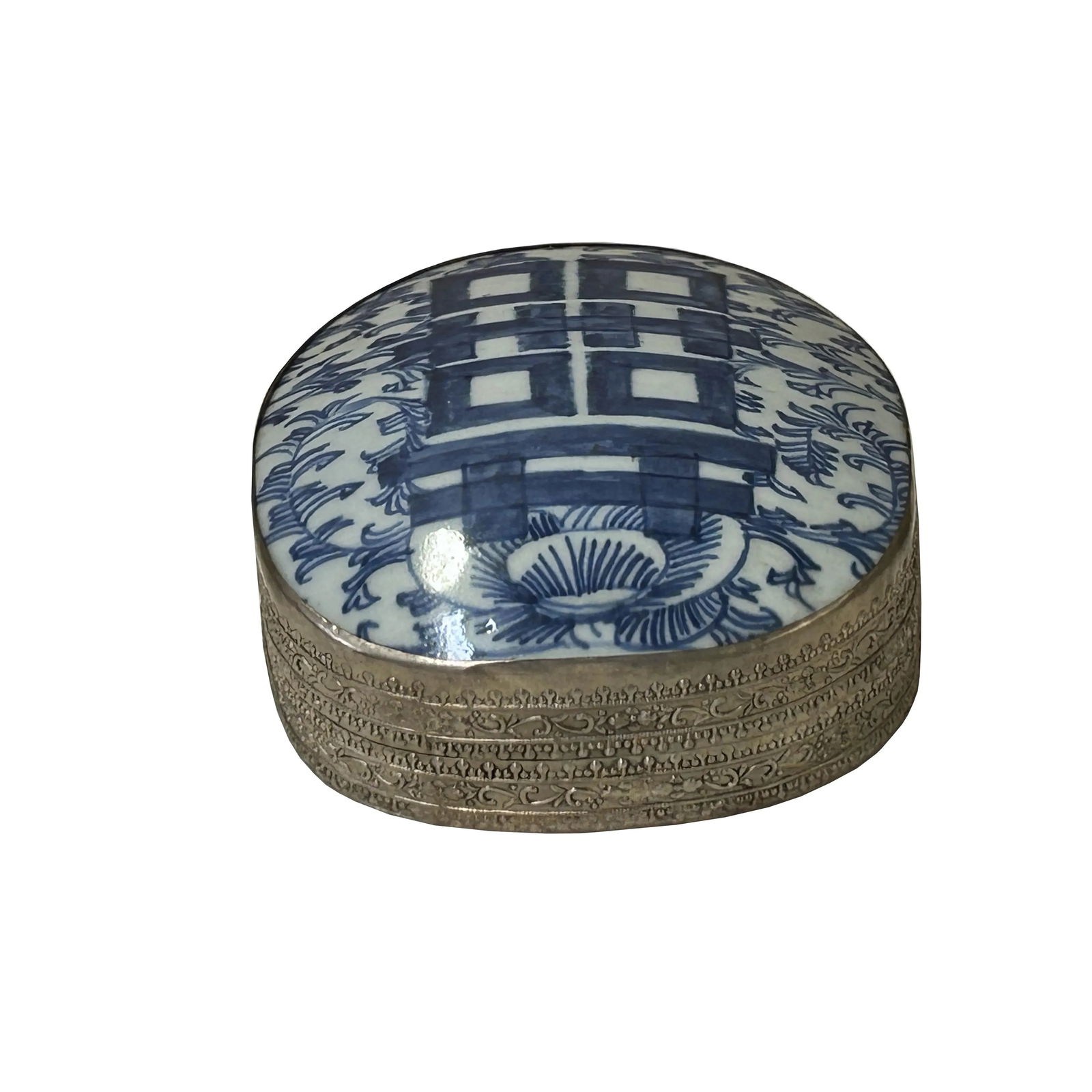 Chinese Old White Base Blue Scroll Happiness Porcelain Art Pewter Box - 3