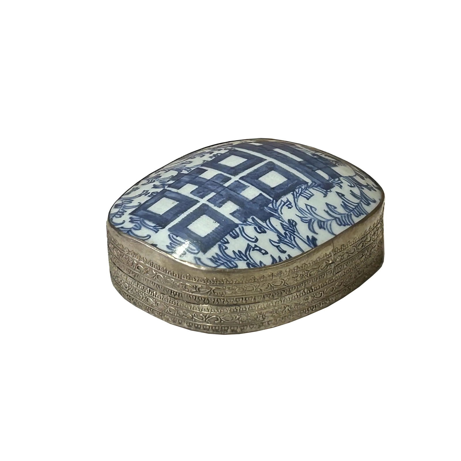 Chinese Old White Base Blue Scroll Happiness Porcelain Art Pewter Box - 4