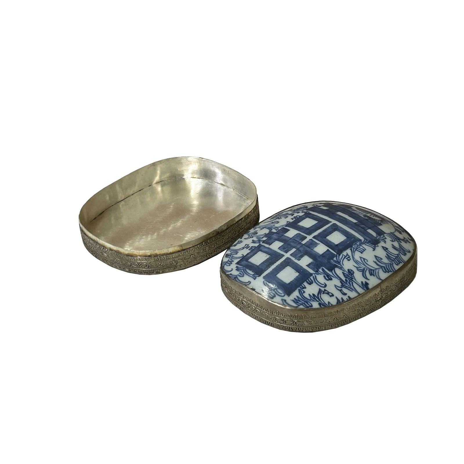 Chinese Old White Base Blue Scroll Happiness Porcelain Art Pewter Box - 5