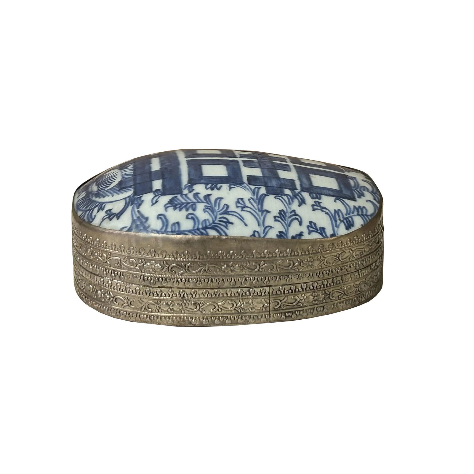 Chinese Old White Base Blue Scroll Happiness Porcelain Art Pewter Box - 7