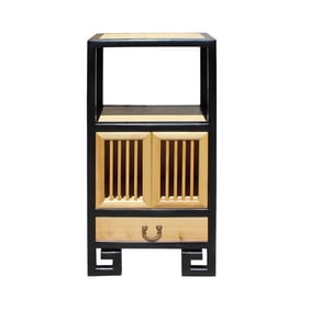 Oriental Black Rim Natural Wood Narrow Storage Display Bookcase Cabinet