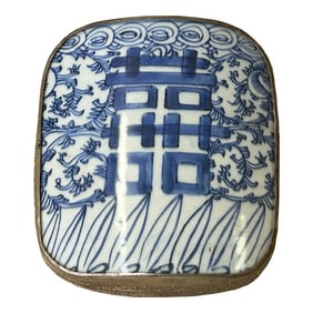 Chinese Old White Base Blue Scroll Happiness Porcelain Art Pewter Box