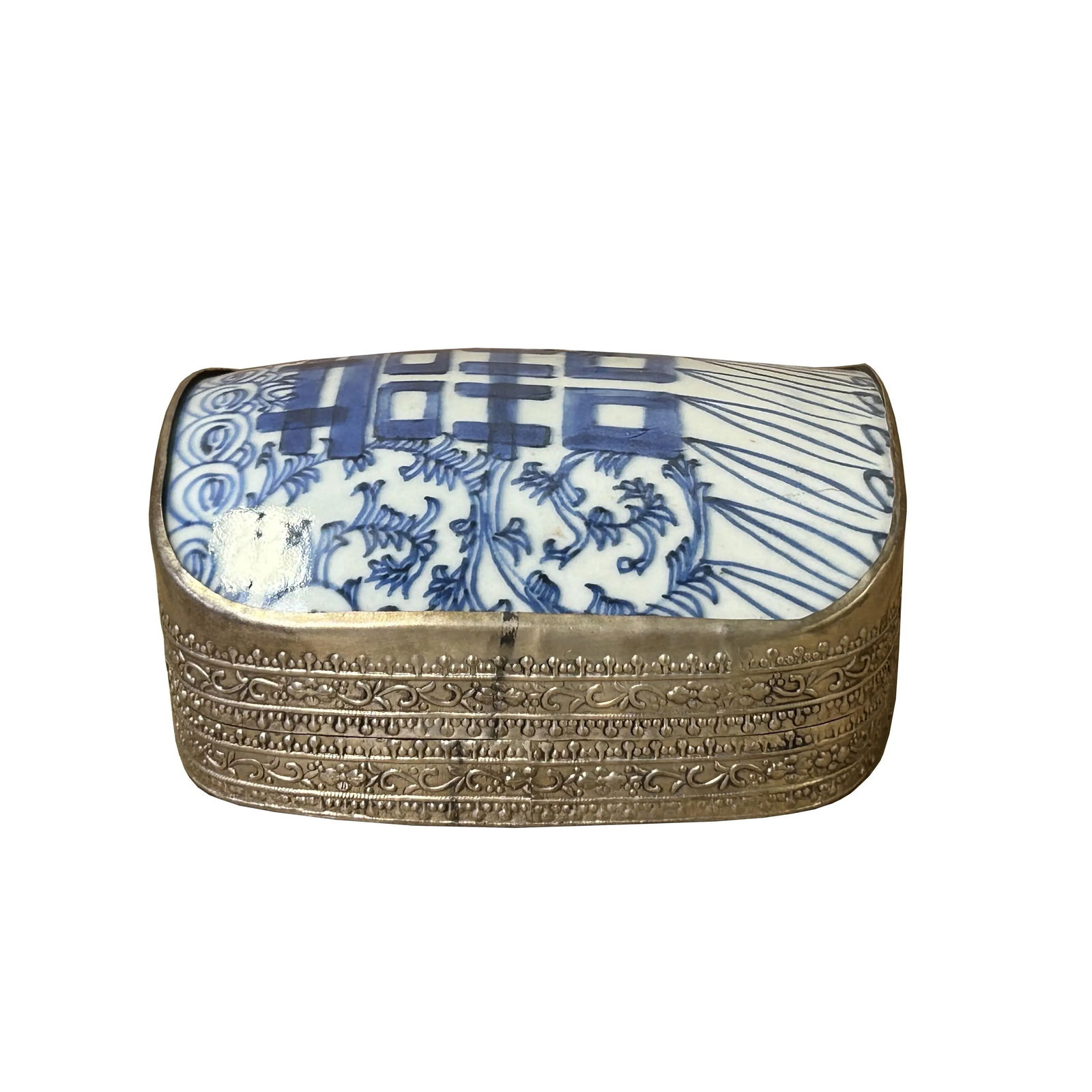 Chinese Old White Base Blue Scroll Happiness Porcelain Art Pewter Box - 6