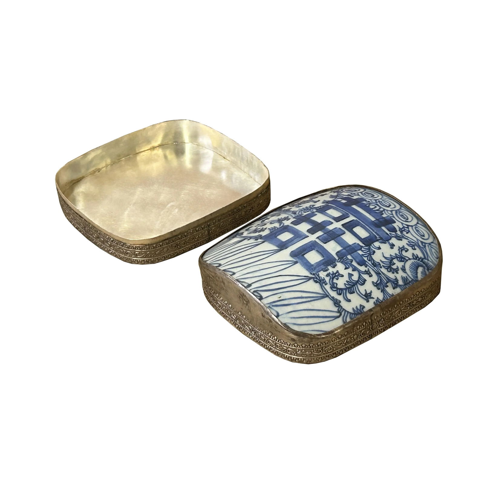 Chinese Old White Base Blue Scroll Happiness Porcelain Art Pewter Box - 7