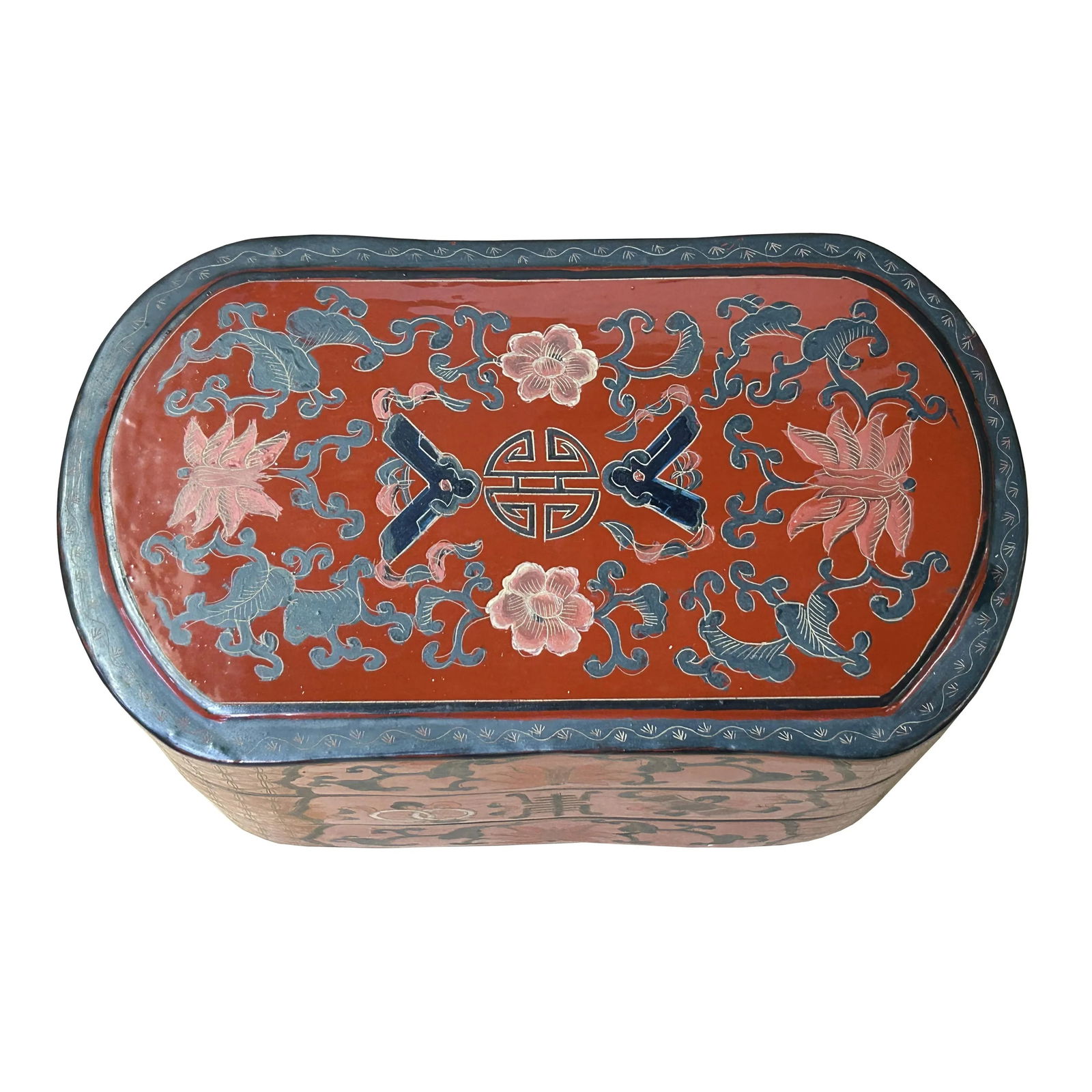 Chinese Brick Red Lacquer Color Treasure Graphic Stack Box Basket - 10