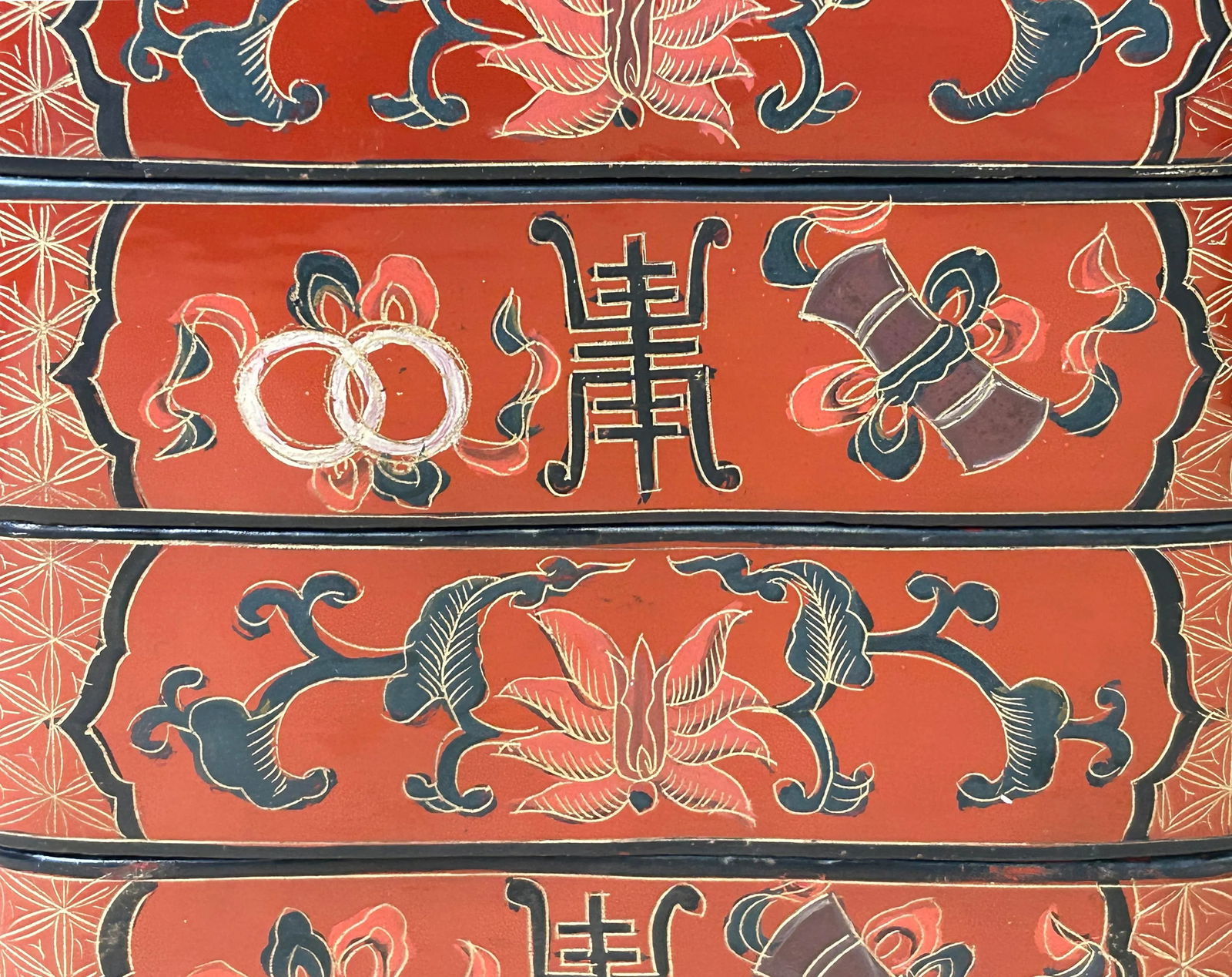 Chinese Brick Red Lacquer Color Treasure Graphic Stack Box Basket - 11