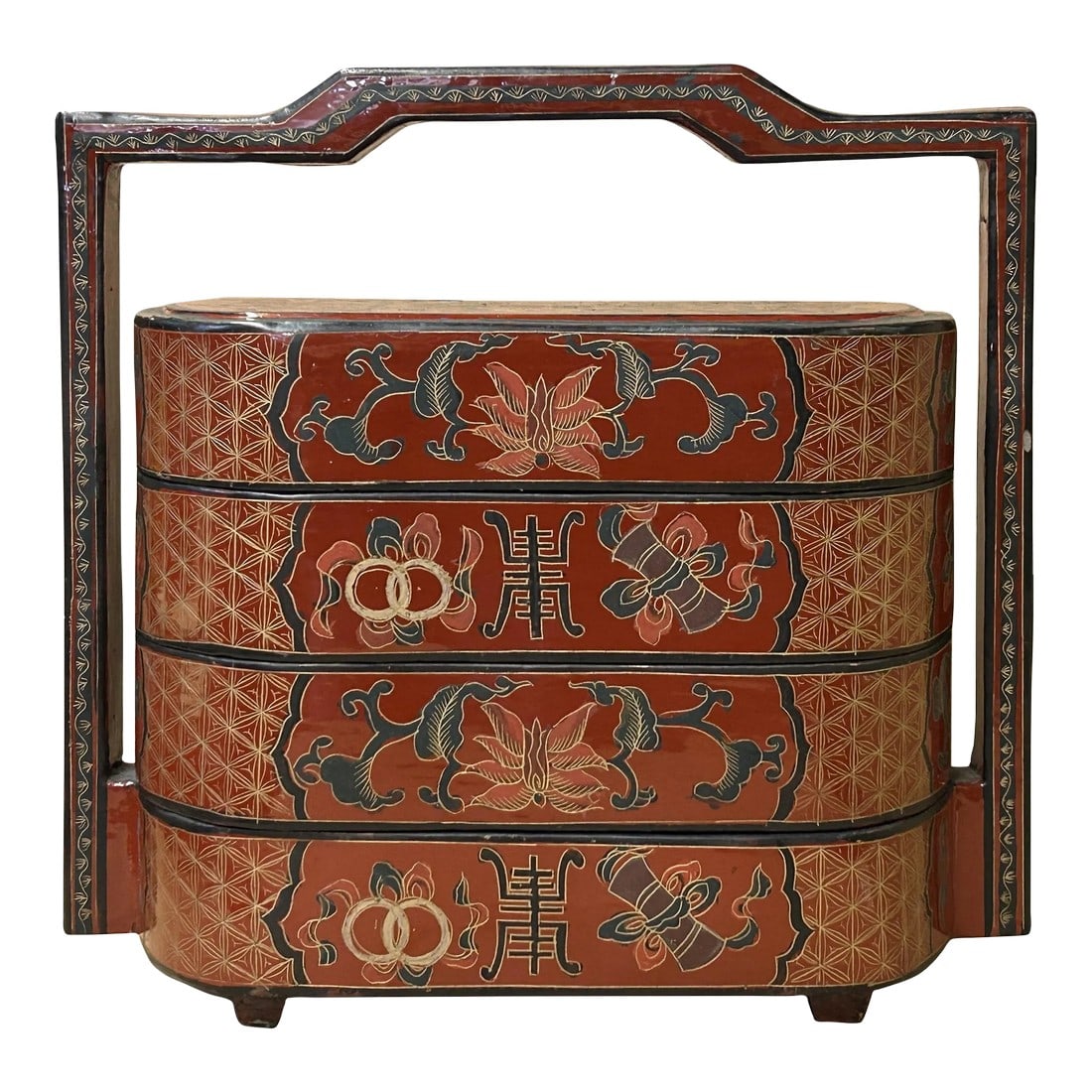 Chinese Brick Red Lacquer Color Treasure Graphic Stack Box Basket: This decorative wooden box is painted with distressed black brick red lacquer on the surface and oriental treasure items floral graphics are precisely drawn on the body. It is in an oval basket shape