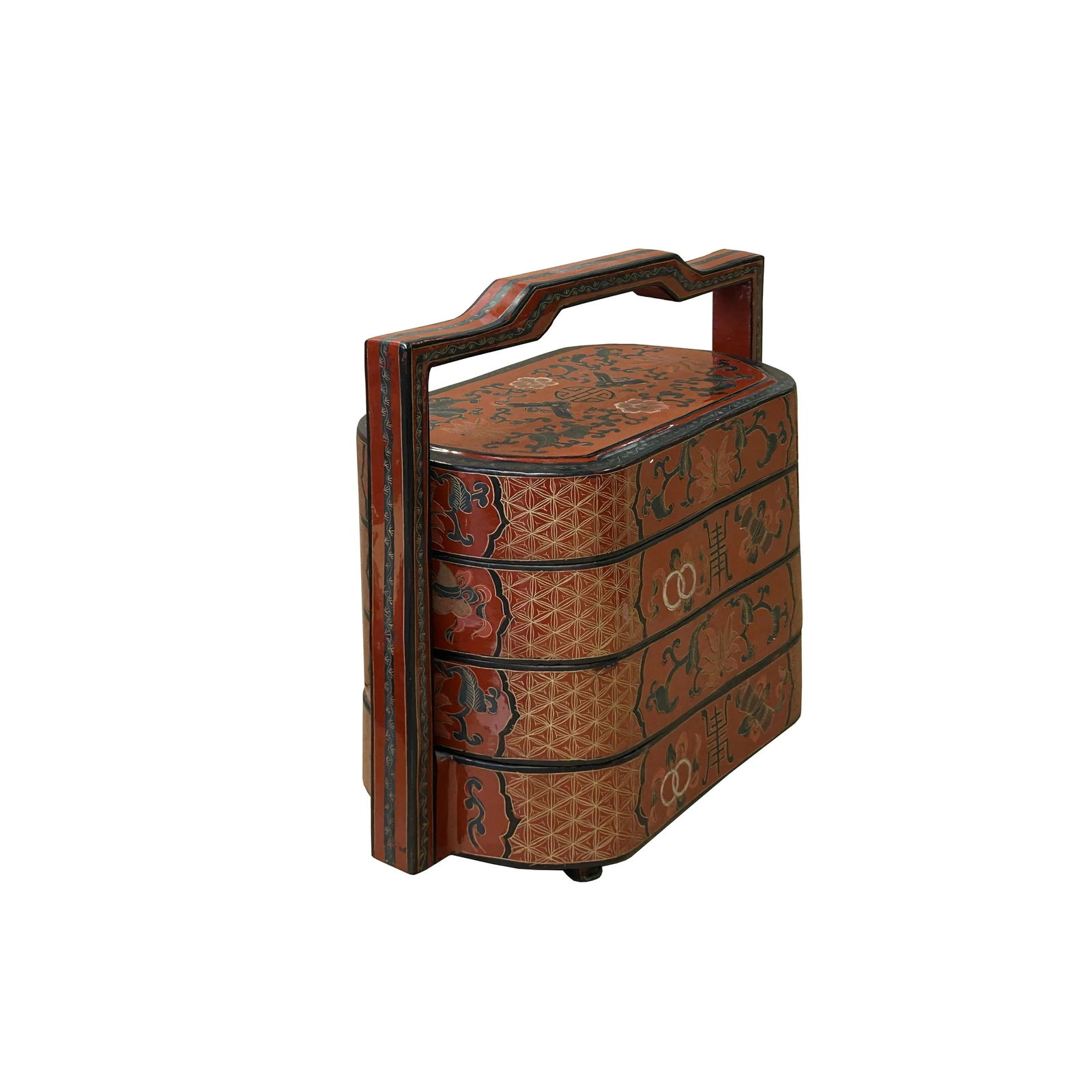 Chinese Brick Red Lacquer Color Treasure Graphic Stack Box Basket - 2